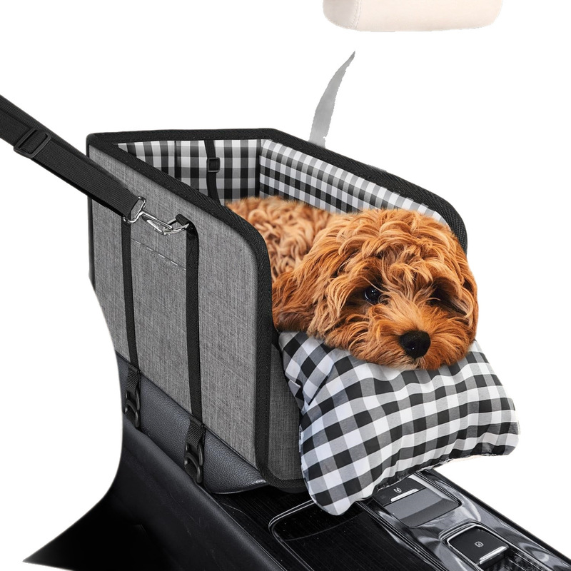 Car Mounted Pet Car Seat – Portable Small Dog Grid Seat with Soft Cushion & Seat Belt, Dog Car Accessories — image 1
