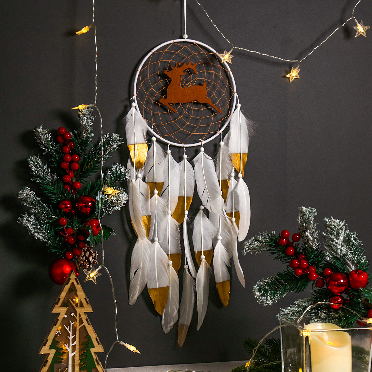 Fawn Dream Catcher White Double Feather Home Decor Elk Wall Hanging Decorations — image 1