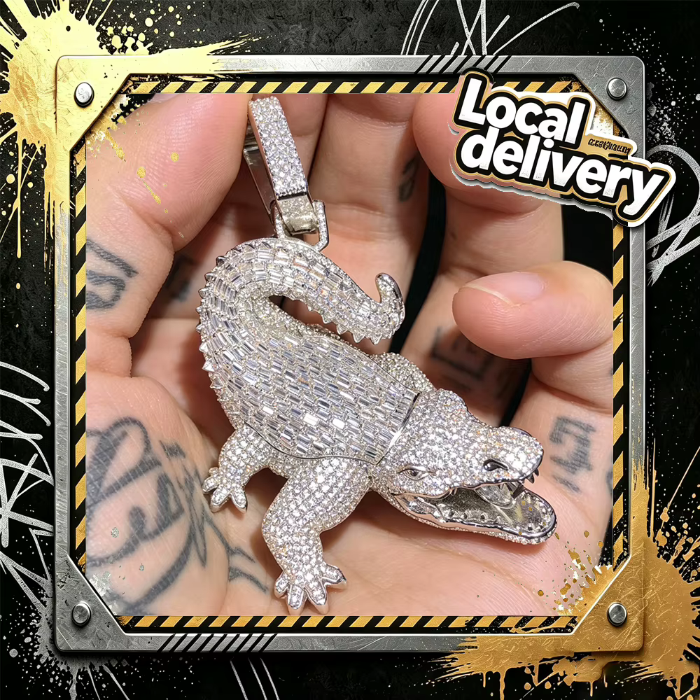 18K Gold Plated 3D Crocodile Pendant Iced Out Fine Jewelry Gifts for Men Boy Friends Micro Pave Cubic Zirconia Alligator Bling Charm Fearless Ambition Dominant Mens Street Jewelry For Rappers Club Hip Hop Fans Full Diamond Necklace Accessories