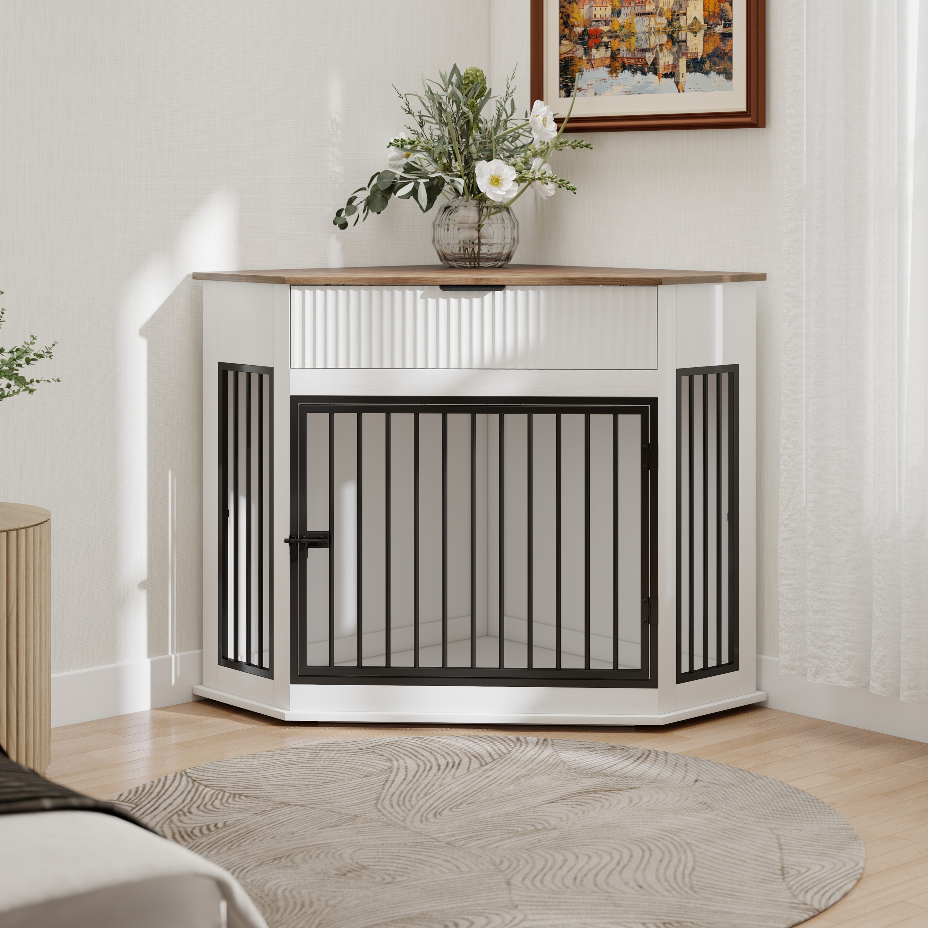 Jaula-Mueble de Esquina en MDF de 44.6" para Perros Pequeños/Medianos, Caseta Decorativa con Mesa Auxiliar y Cajón Acanalado de Almacenamiento, Gabinete Moderno para Jaula de Perro Que Ahorra Espacio, Para Decoración Interior, Blanco — imagen 3