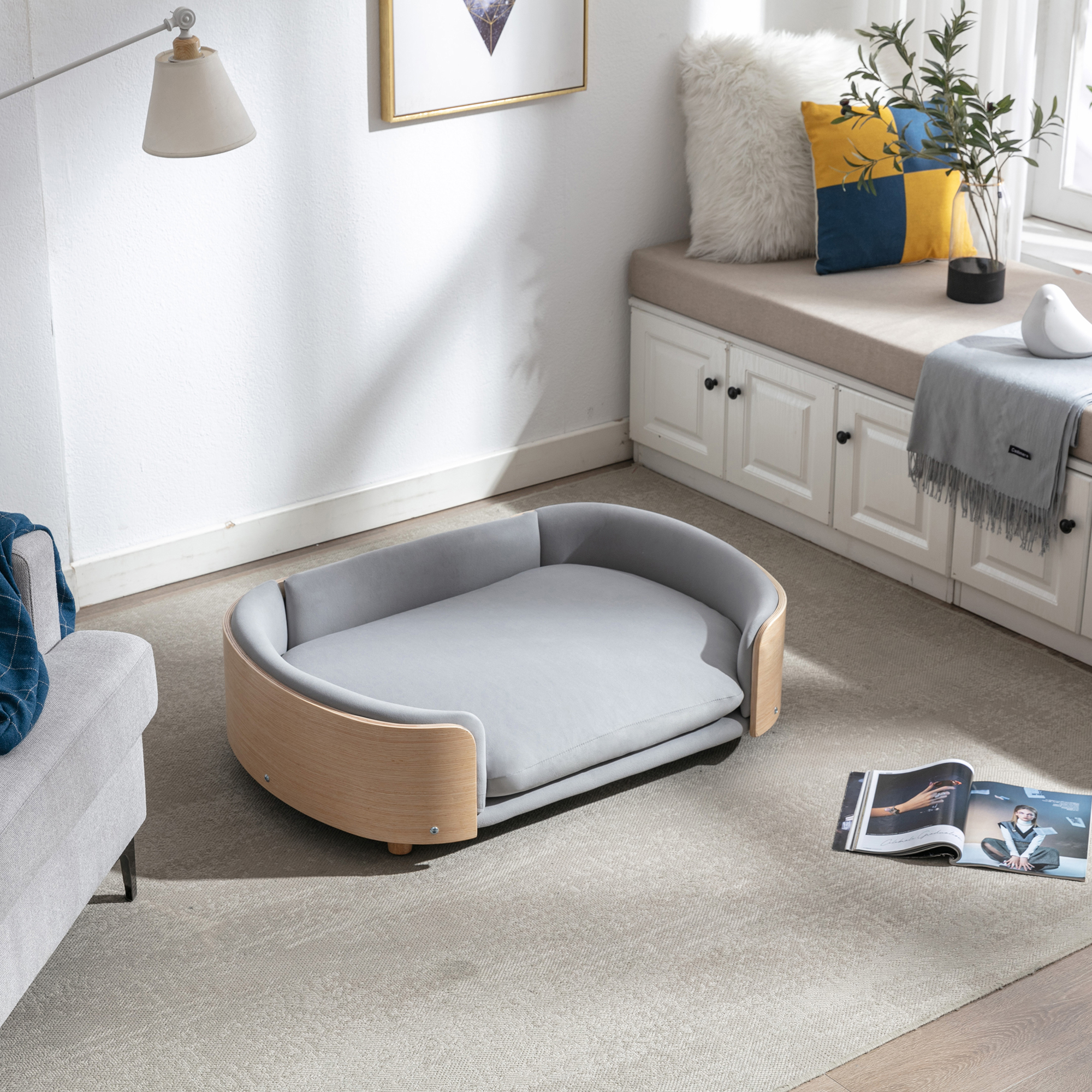 Scandinavian style Elevated Dog Bed Pet Sofa With Solid Wood legs and Bent Wood Back, Velvet Cushion, Large Size — image 3