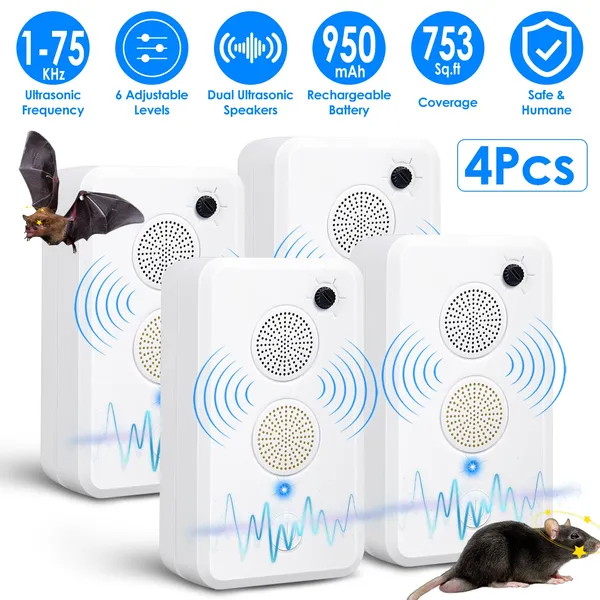 2Pack/4Pack Options - Rechargeable Ultrasonic Bat Repellent Indoor Outdoor Bird Mouse Deterrent Device With 6 Adjustable Levels For Attic Porch House