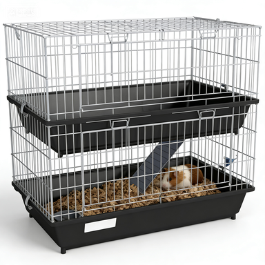 PawHut 2-Tier Small Animal Cage With 2 Doors, Trays, Dish, Bottle, And Ramp For Bunny, Ferret, Chinchilla, Black — imagen 13