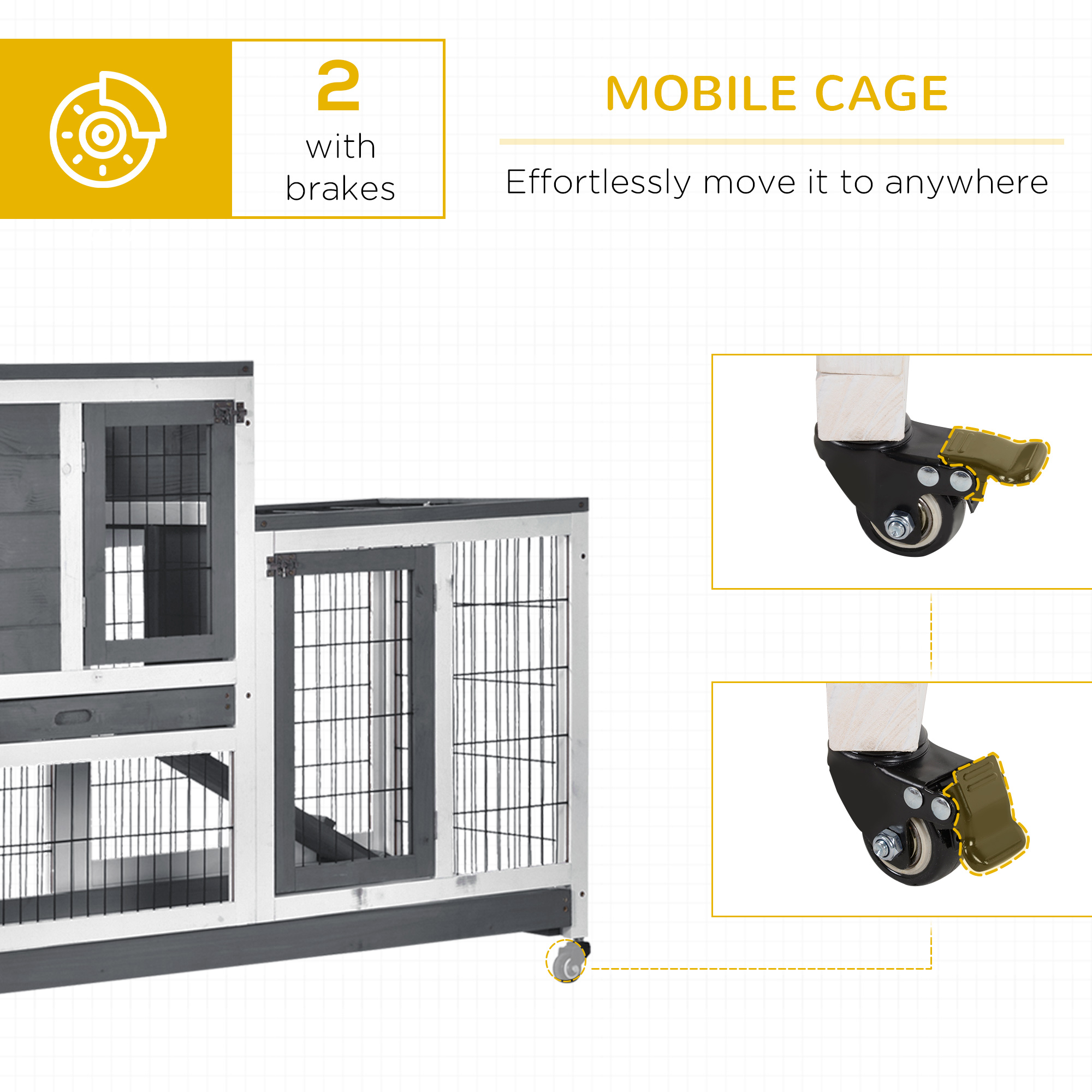 Wooden Rabbit Hutch Elevated Bunny Cage Indoor Small Animal Habitat with Enclosed Run with Wheels, Ramp, Removable Tray for Rabbits, Chickens, Ducks, Guinea Pigs, Gray — imagen 7