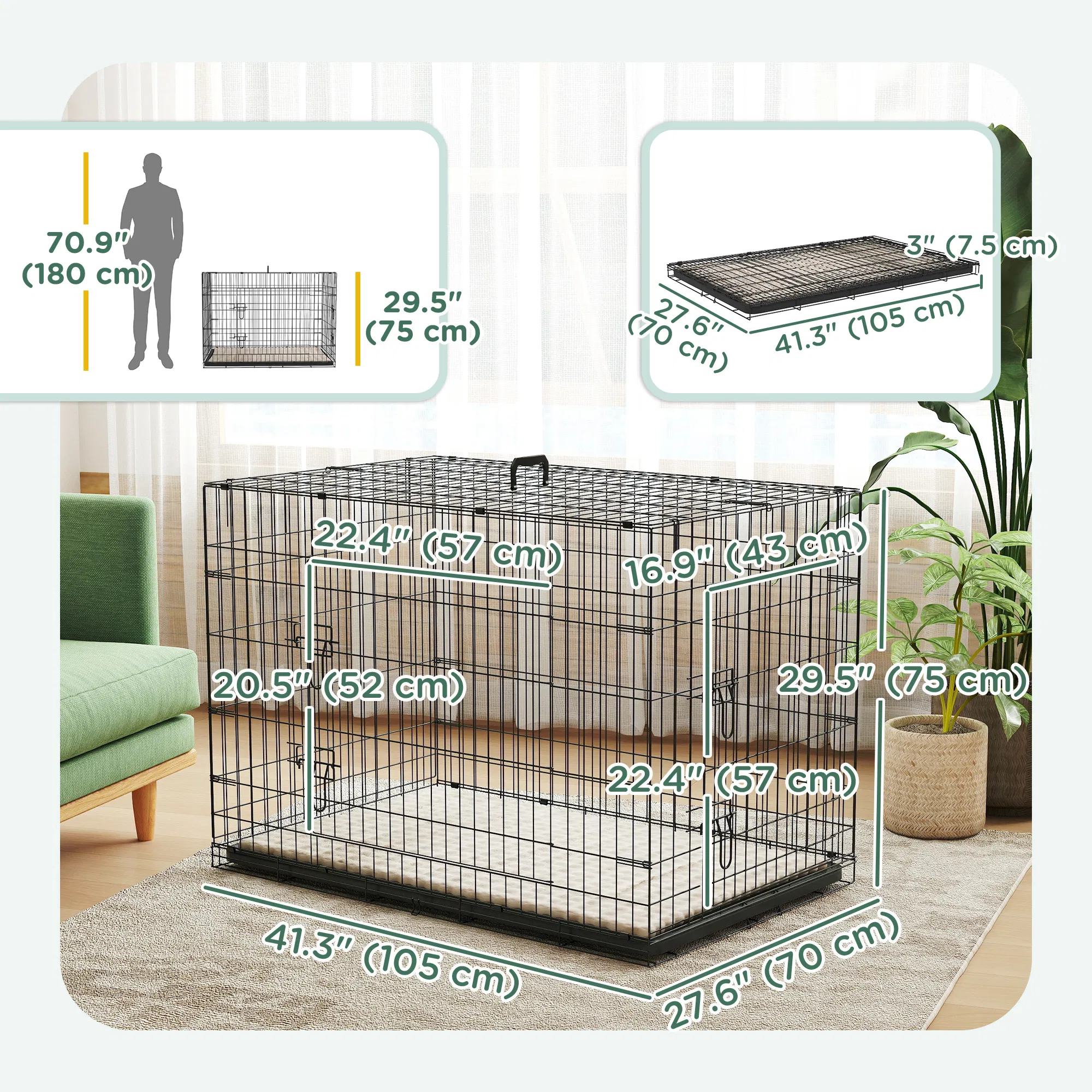 41" Dog Crate with 2 Doors, Folding Metal Dog Cage with Soft Cushion, Removable Tray, Handle, for Small Dogs, Black — image 6