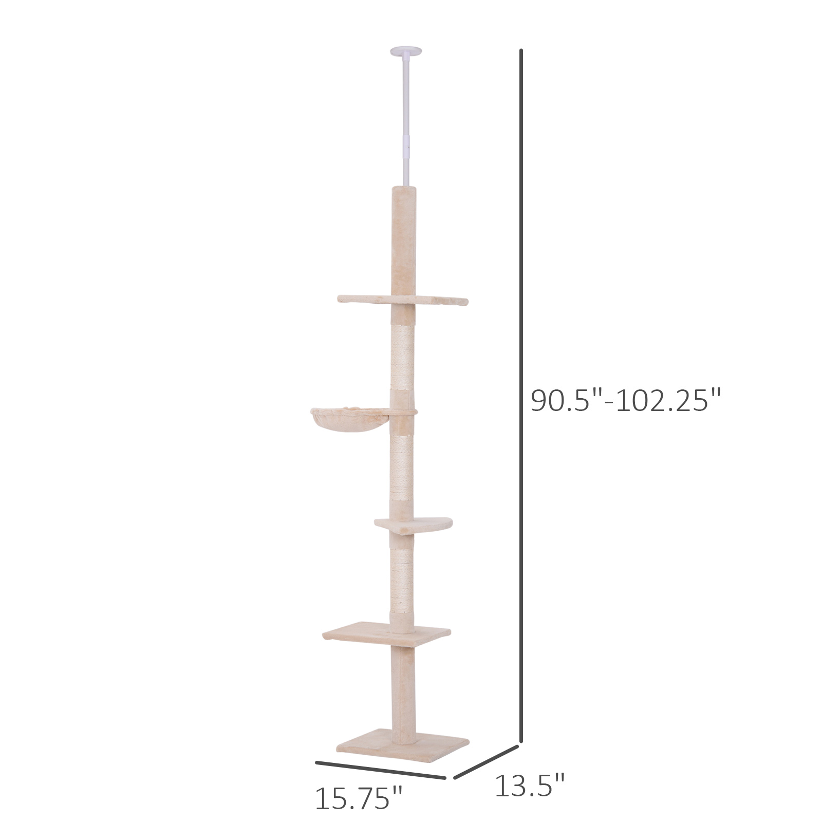 Árbol de Gatos Ajustable de Piso a Techo, 102" de Alto con 5 Niveles y Postes de Rasguñar en Beige — imagen 5