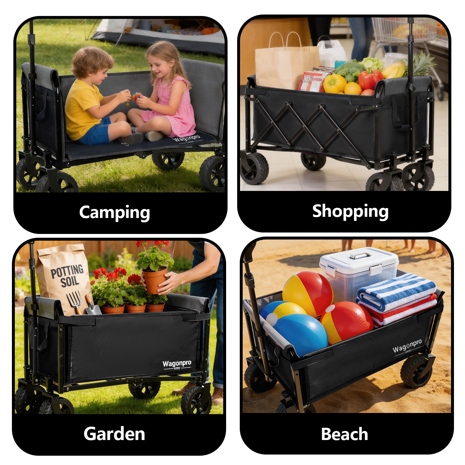 Upgraded 5x2 Wide Wheels All- In- One Convertible Folding Trolley With Full- Side Opening & Dog Leash Versatile Seating & Storage 220Lbs Capacity For Camping Beach Shopping Black — imagen 2