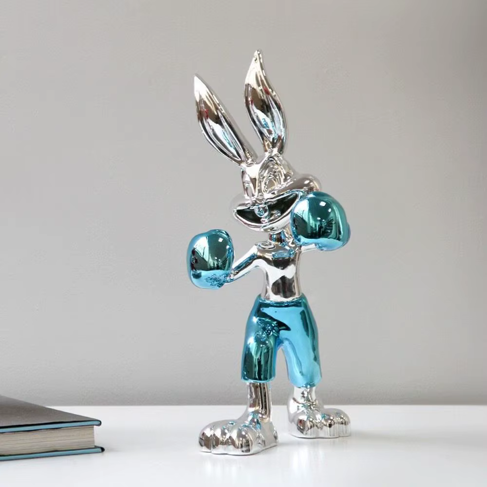 Modern Chrome Bunny Figurine with Boxing Gloves Pop Art Inspired Decorative Rabbit Boxer Statues for Interior Display — image 2