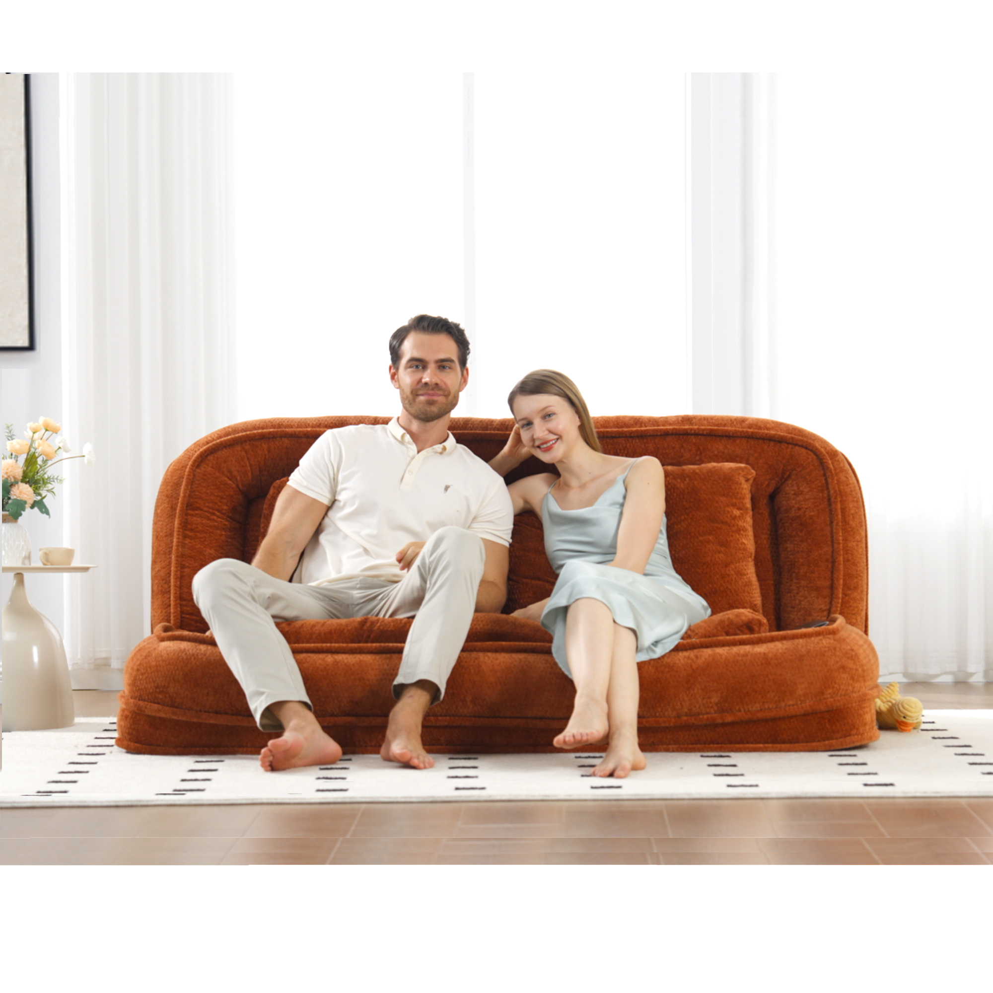 Silla de descanso doble para perros, Sofá relajante, Silla de amor, Adecuada para ti y tus mascotas, Couch de piso extra grande, Puedes sentarte o acostarte, 2 en 1, 5 posiciones ajustables, Almohada rellena, 2 asientos, Chenille naranja — imagen 2