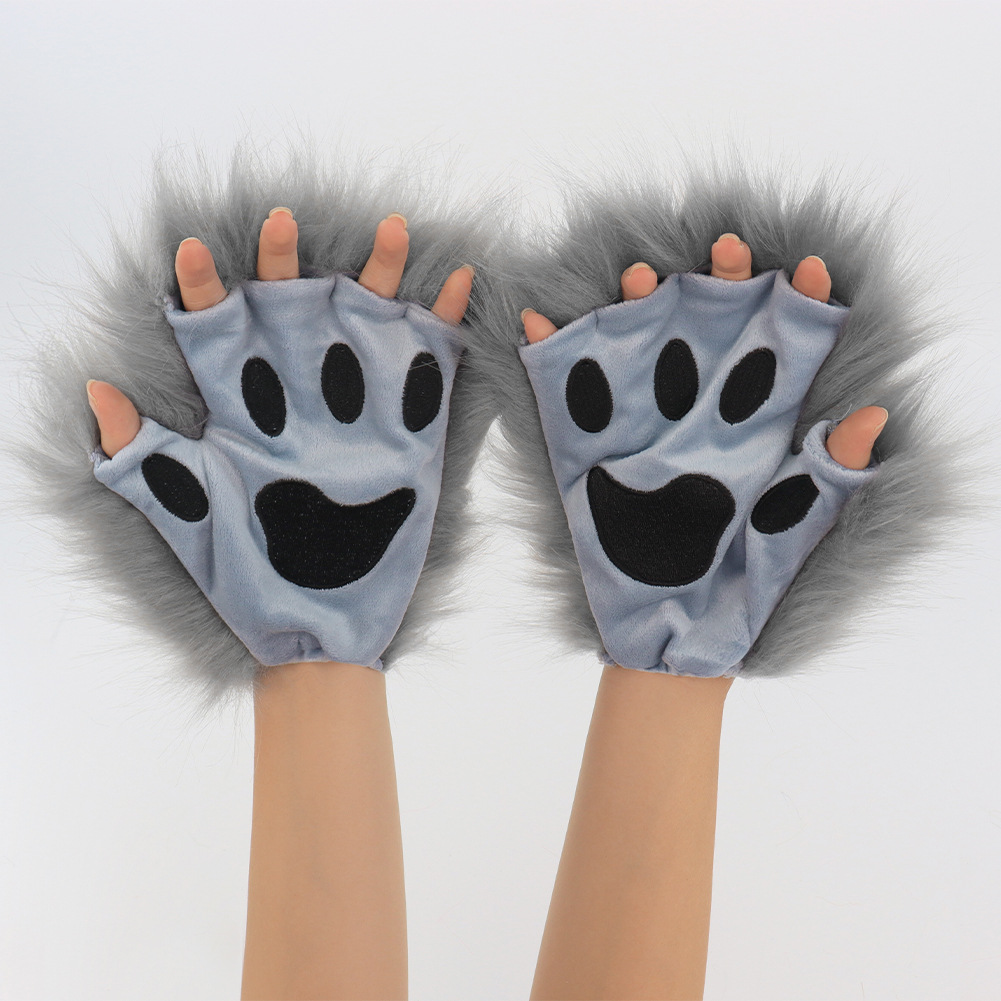 Fuzzy Cat Paw Gloves Halloween Costume Prop Cosplay Wearable Half-Finger Animal Paws Winter Warmth — image 2