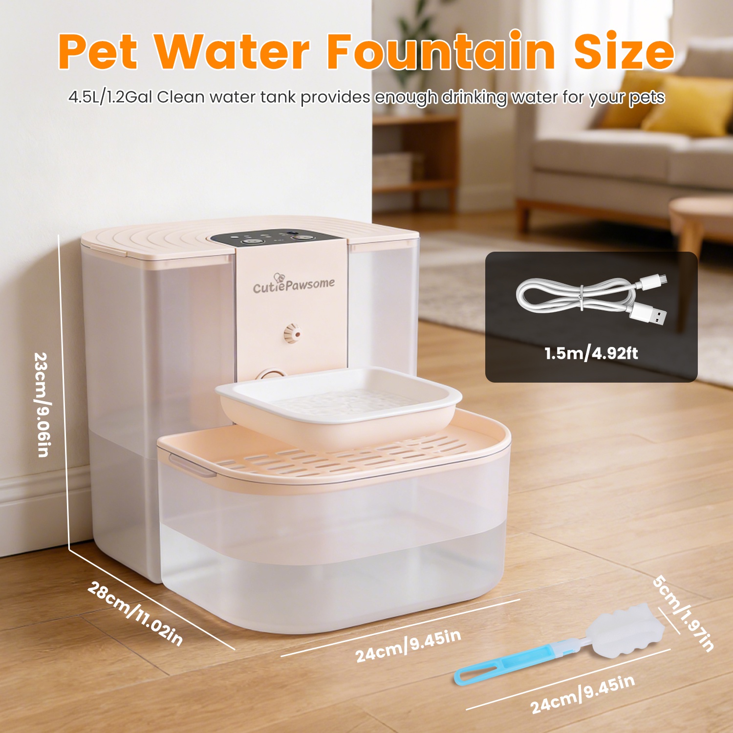 Fuente de Agua Inteligente para Mascotas Dispensador Automático de Agua para Gatos 4.5L Fuente de Agua para Perros Recargable e Inalámbrica con Autorrelleno, 3 Volúmenes Ajustables, 3 Intervalos de Tiempo, Control Remoto y Cepillo de Limpieza — imagen 4