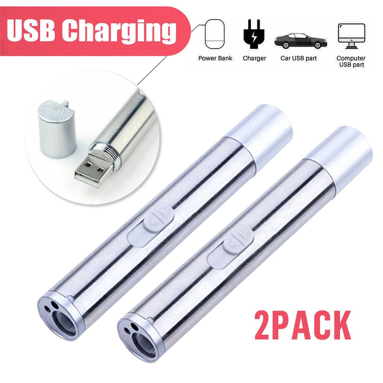 2PCS USB Rechargeable Red Laser Pointer Pen Cat Dog Toys LED Flashlight UV Light — image 4
