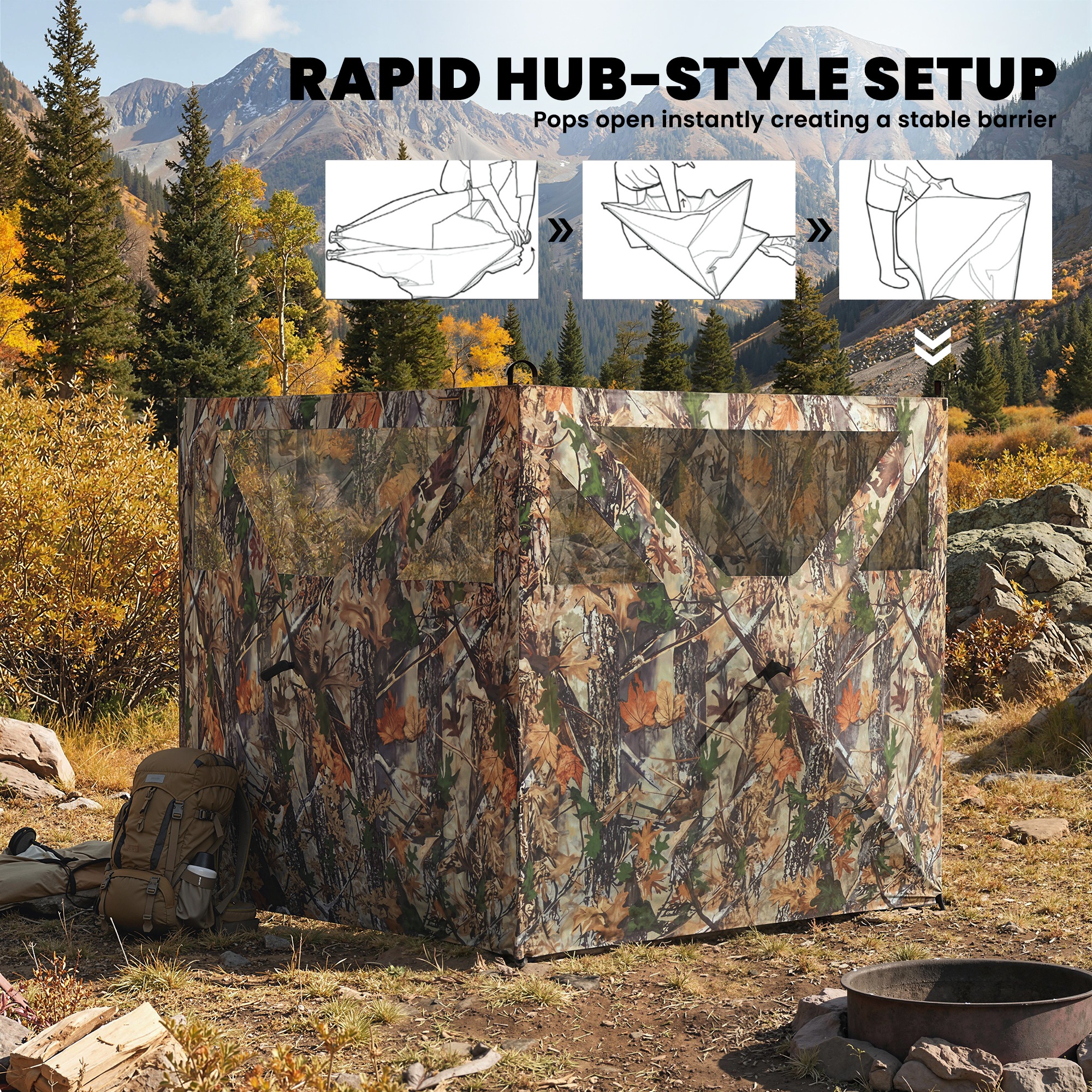 Cubo de Caza y Viento para Campestre, 3-Panels Visibles Solo para Caza y Camping 176" x 58.3" Camuflaje — imagen 7