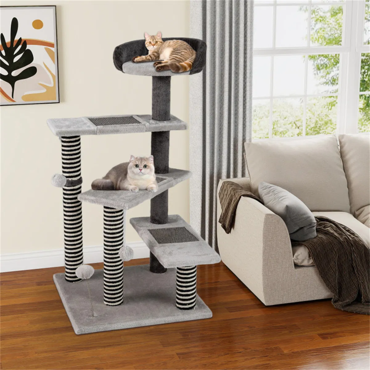 37" tall Cat Stairs with Scratching Mats - 3-Tier Perches, Spring Ball & Dangling Toys for Cats — image 3
