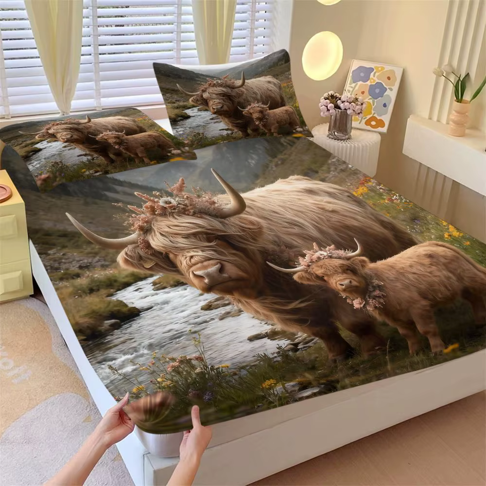 Juego de cama floral de vaca Highland de 3 piezas (1 sábana ajustable + 2 fundas de almohada), juego de sábanas suaves, decoración de dormitorio estilo granja — imagen 1