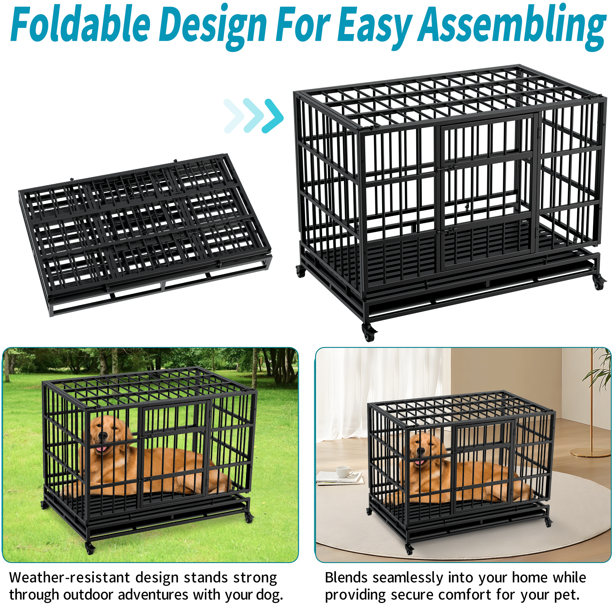 Caja de Perro Resistente al Uso Intenso con Ruedas, Cárcel de Metales Plegables para Perros Grandes y Medianos — imagen 6