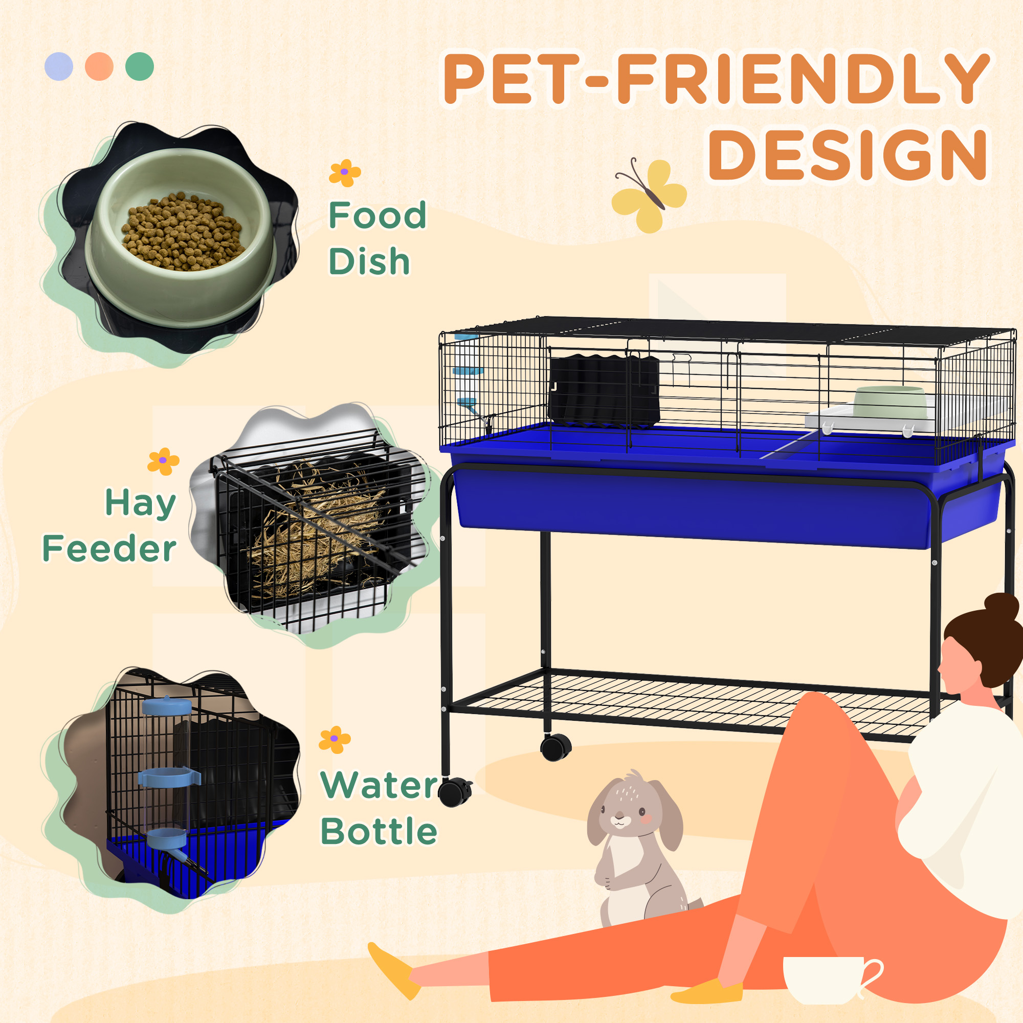 Two-Story Small Animal Cage Removable from Stand, Pet Habitat with Shelf & Wheels, 39" x 20.5" x 36.5", Blue — imagen 2