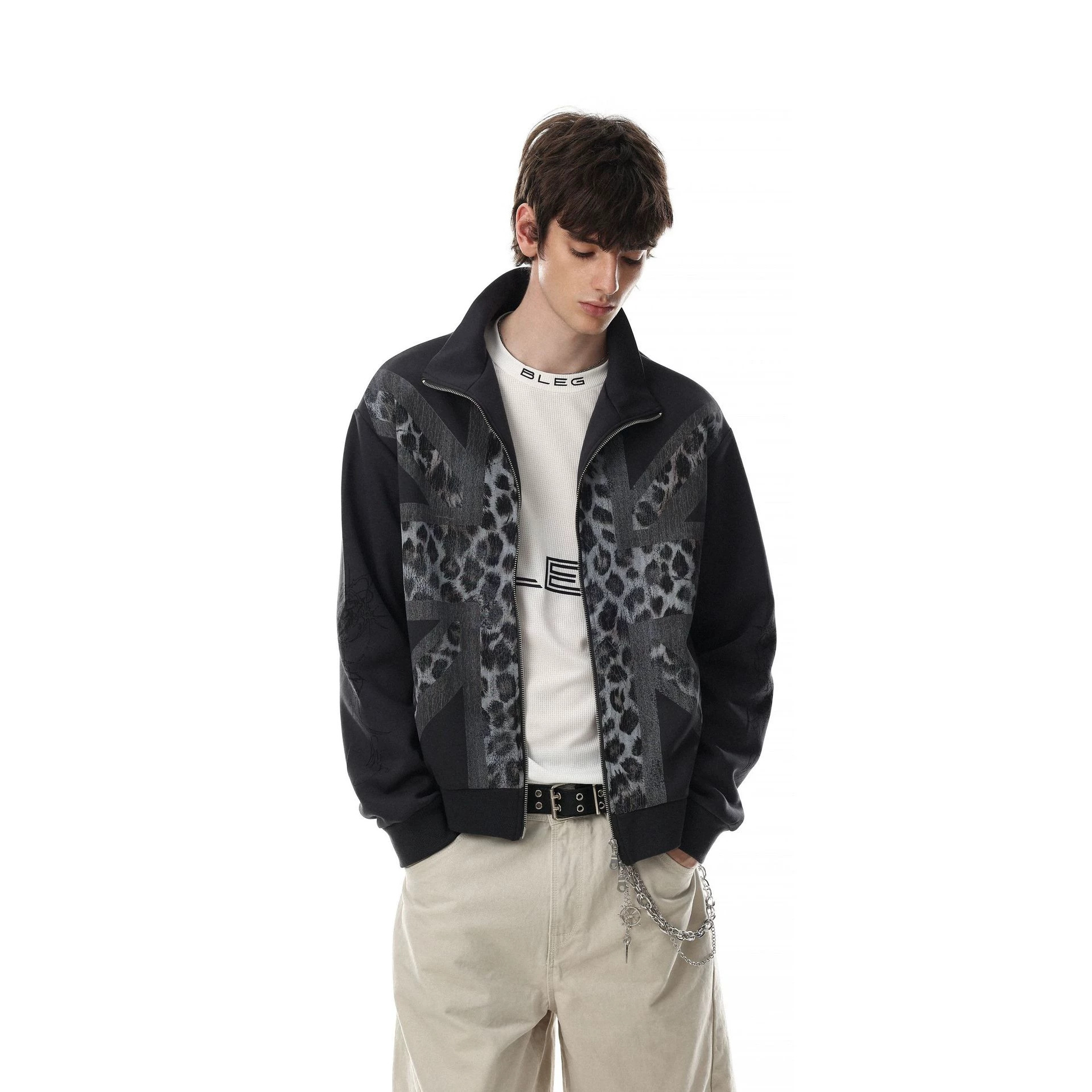 Leopard Print Union Jack Double Zipper Stand Collar Loose Fit Unisex Jacket — image 5