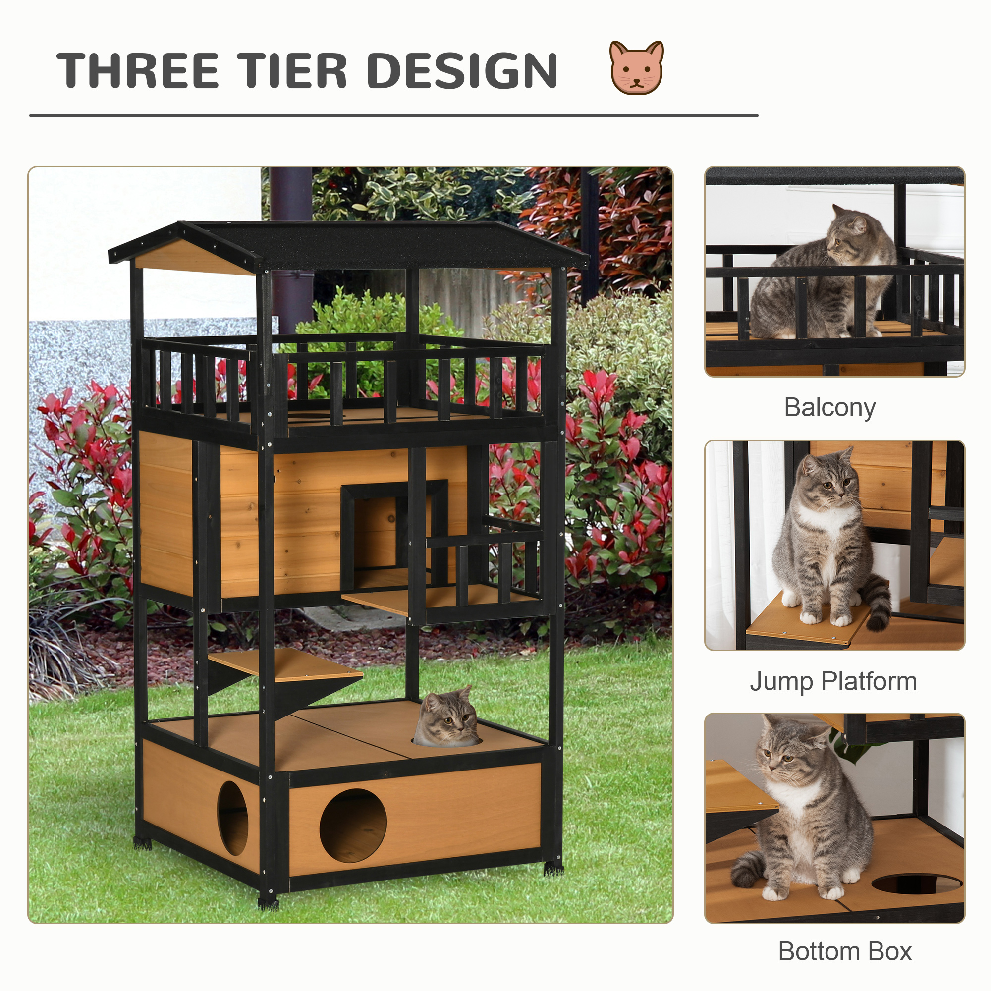 Wooden Outdoor Cat House, Feral Cat Shelter Kitten Condo with Asphalt Roof, Escape Doors, Condo, Jumping Platform, Yellow — image 3