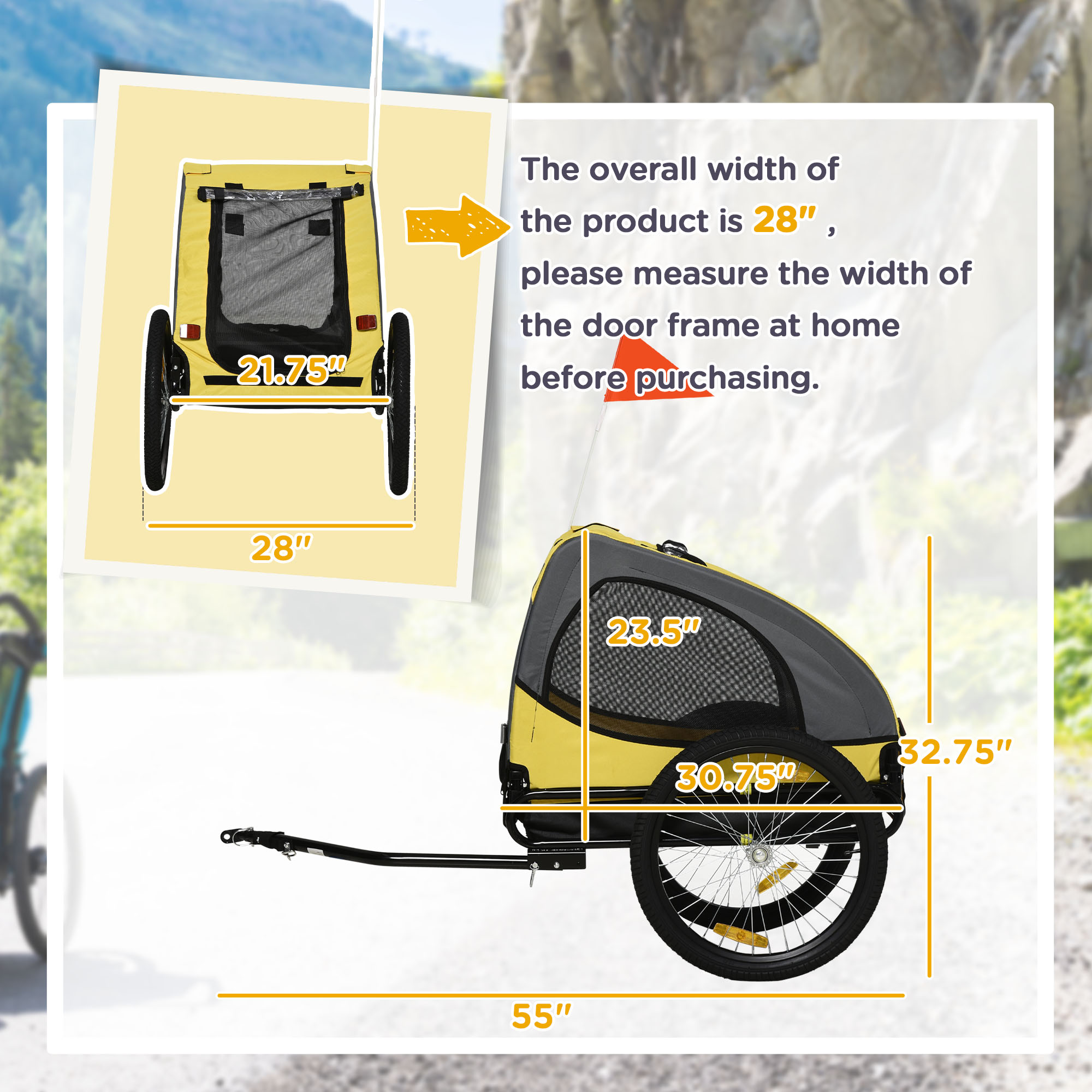 Dog Bike Trailer, Pet Stroller with Wheels for Medium Dogs, Yellow — image 3