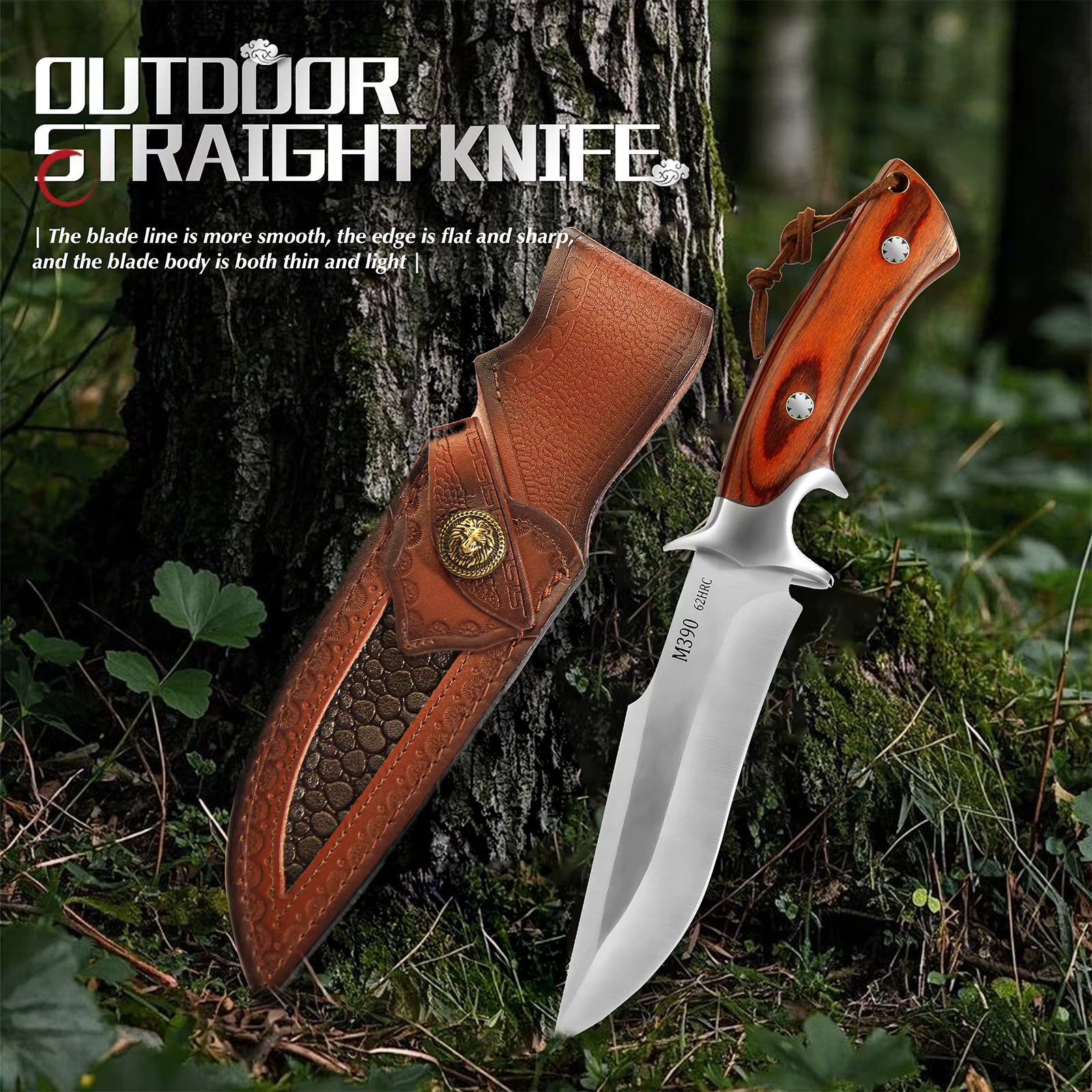 M390 Fixed Blade Hunting Knife with Wood Handle Leather Sheath Outdoor Camping Bowie Knife Gift for Men — image 5