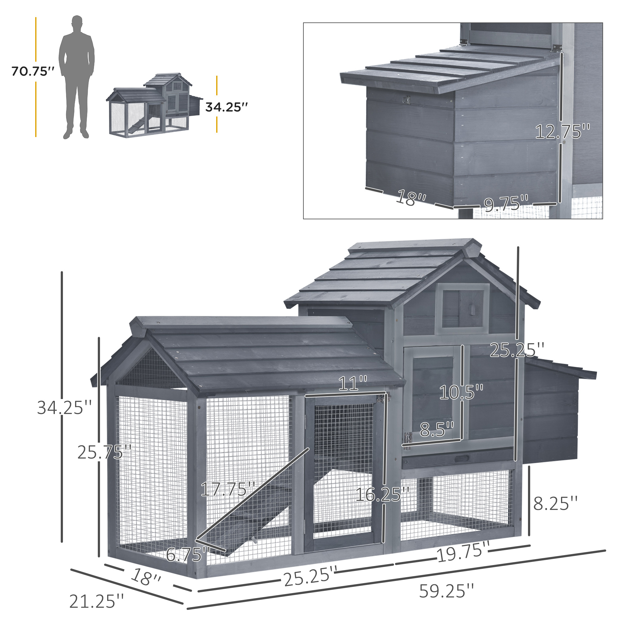 Gallinero de Madera Pequeño de 59" para el Patio Exterior con 2 Puertas, Nido y Bandeja Removible, Gris — imagen 8