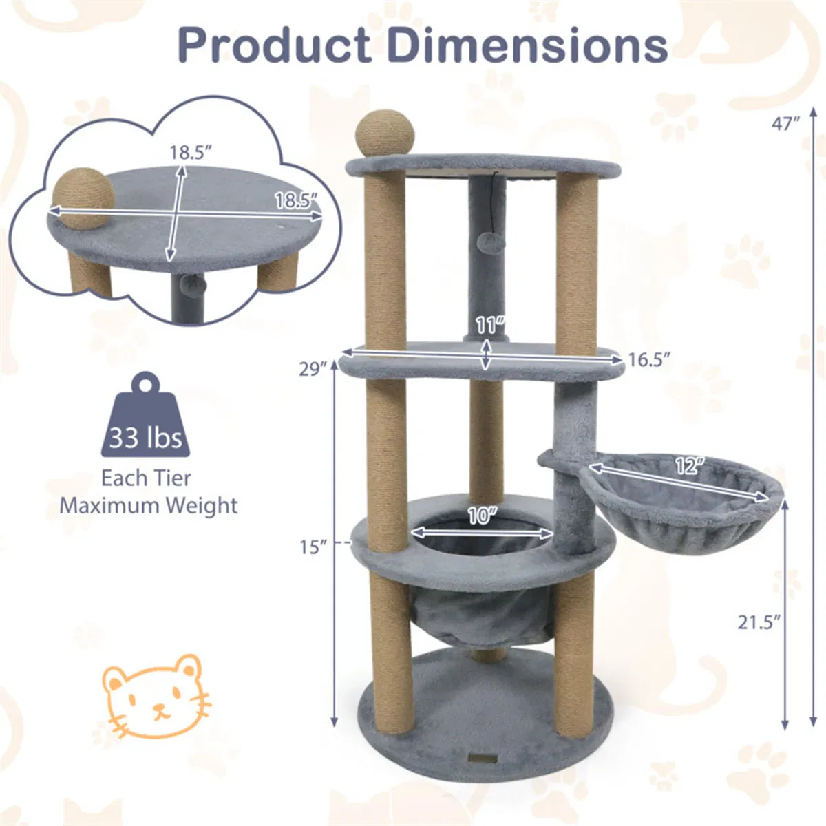 47" Cat Tower with Scratching Posts - Multi-Level Cat Tree for Relax & Play, Light Grey — image 6