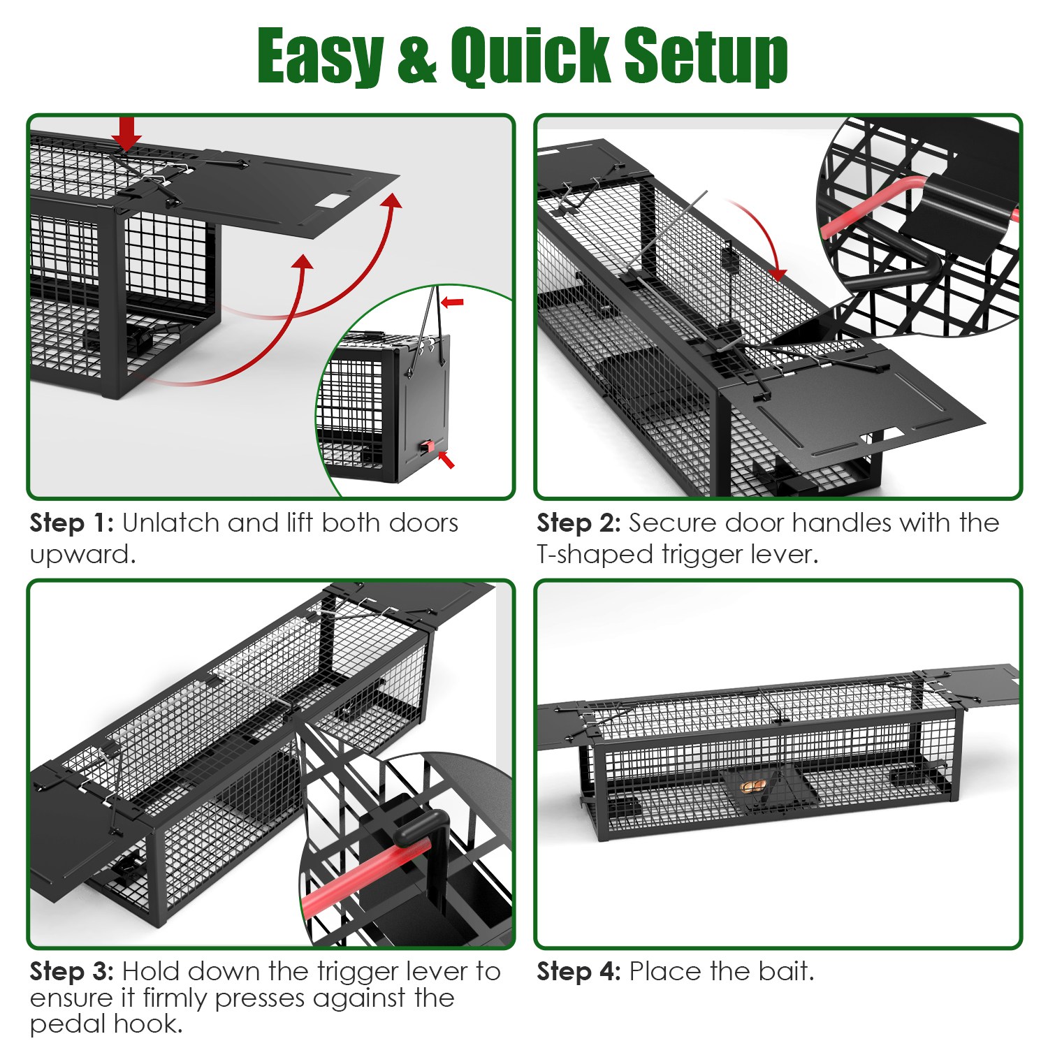 Paquete de 2 Trampas Humanitarias para Ratas Vivas de 2 Puertas 15.35x4.72x3.94in, Jaula Trampa para Roedores de Hierro Galvanizado, Reutilizable, para Hogar, Jardín, Granja, Almacén — imagen 11