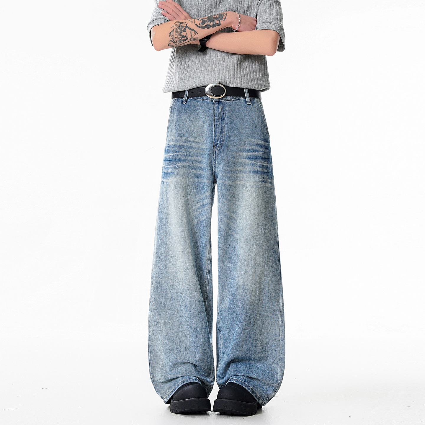 Relaxed Fit Cat-Whisker Washed Wide-Leg Jeans for Men — image 7