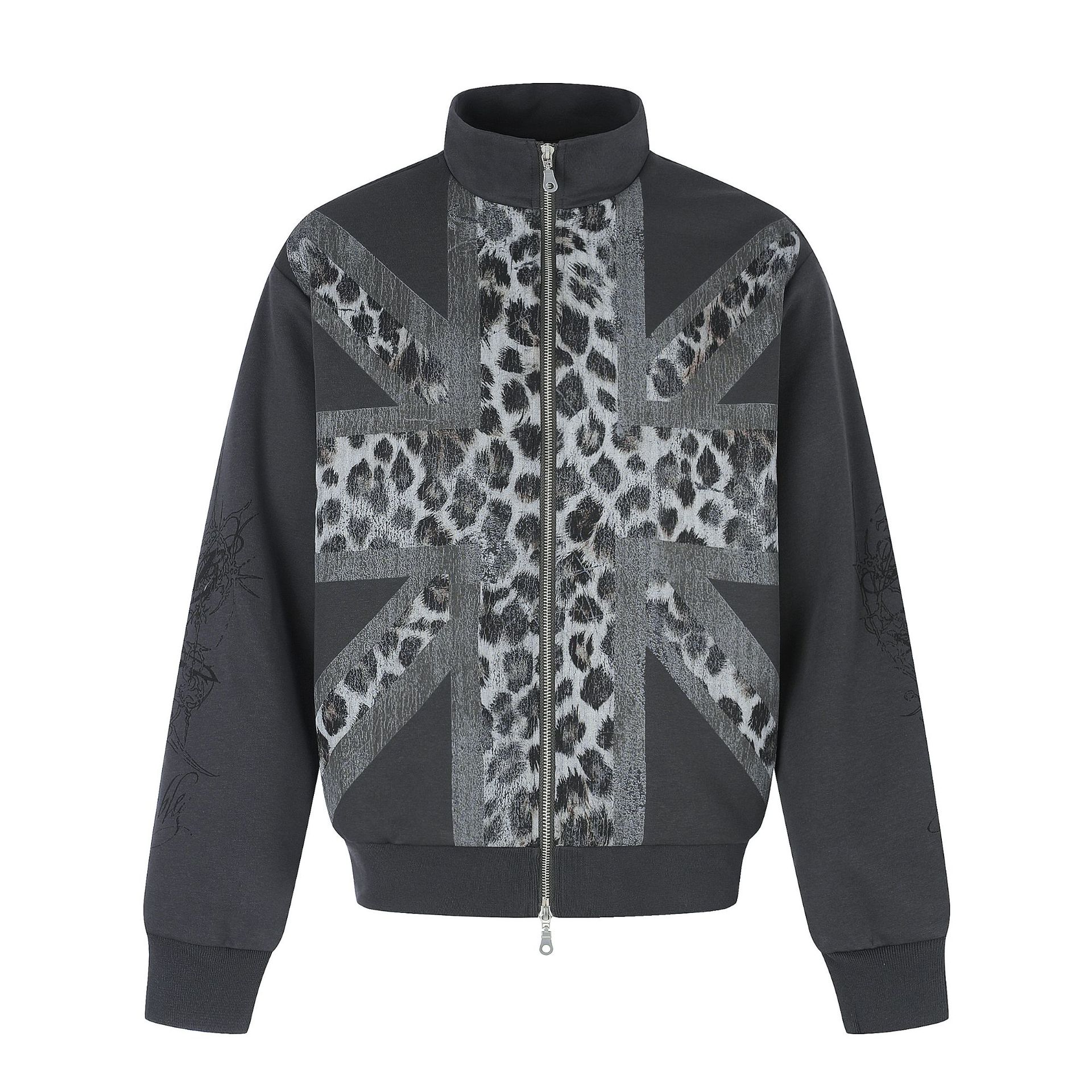 Street Style Leopard Print Loose Zip-Up Stand Collar Hoodie — image 8