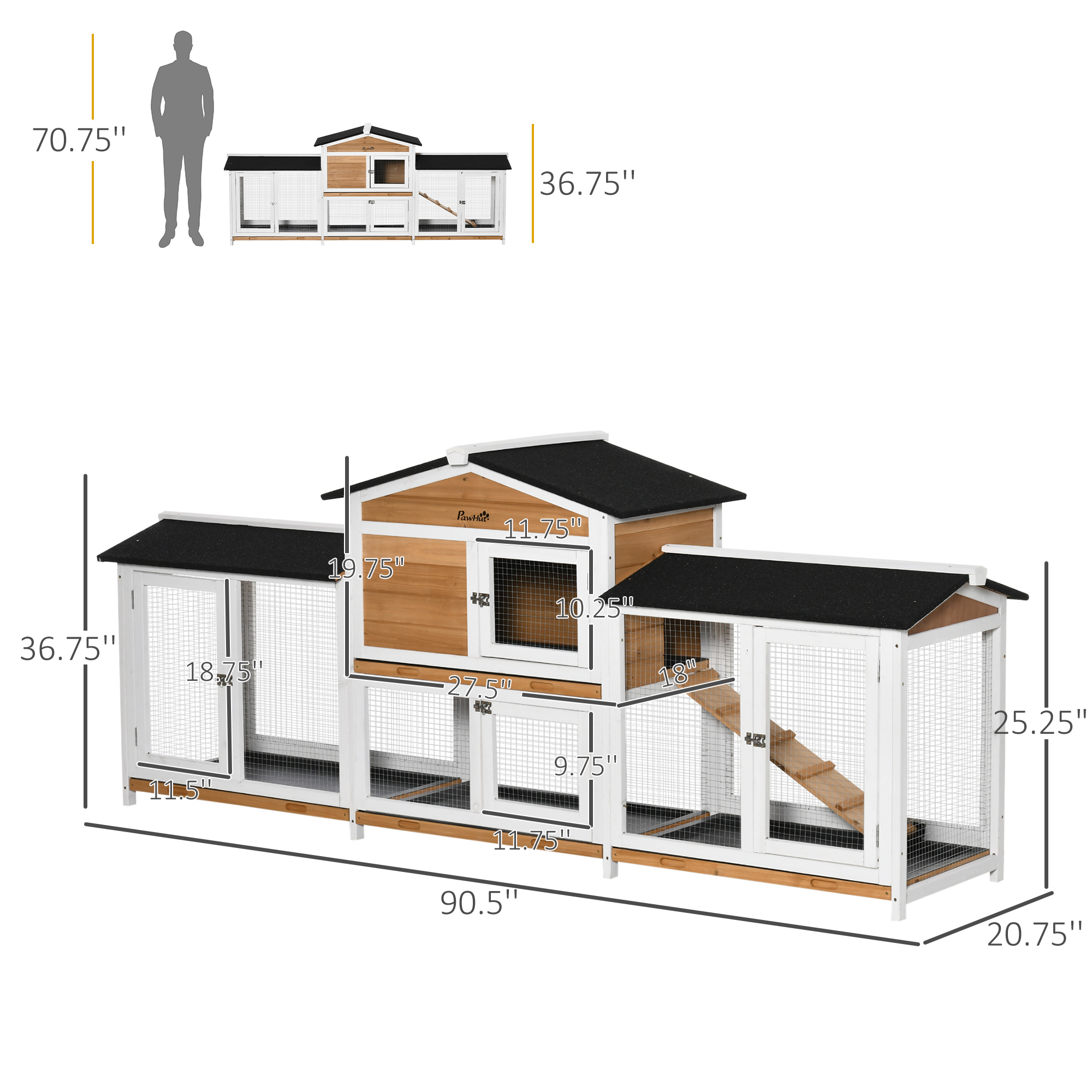 Conejera de Madera de 90.5", Jaula para Conejos, Corral y Casa para Mascotas con Cajas de Corral Laterales Dobles, Bandeja Antifugas, Rampa, para Conejos, Gallinas, Patos, Cobayas y Pequeños Animales, Blanco — imagen 4
