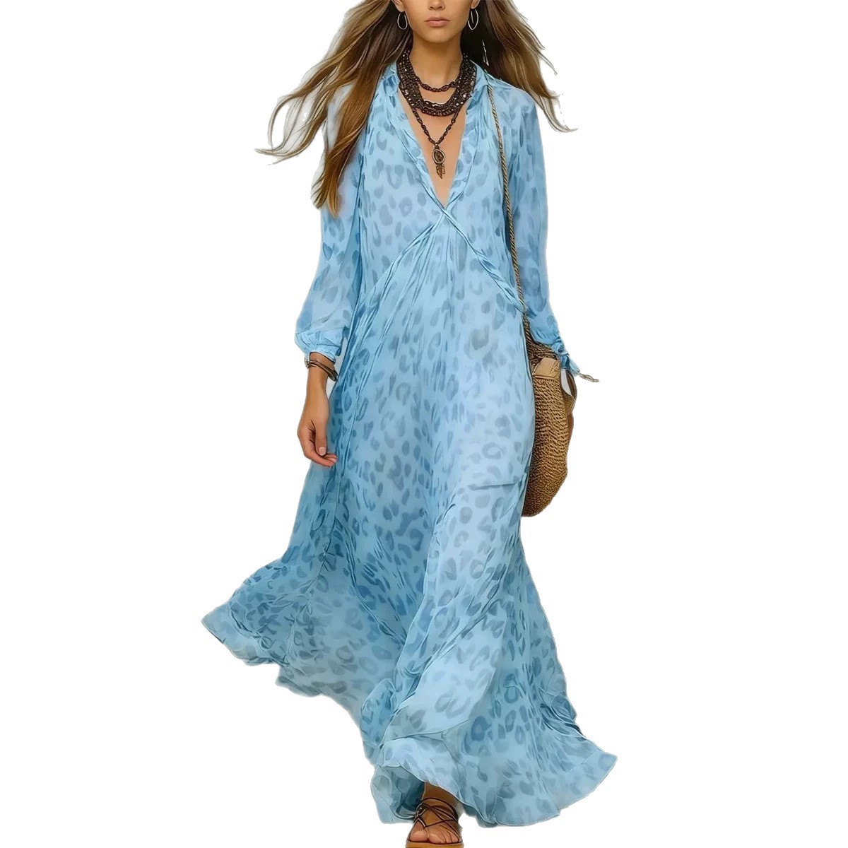 Dress de Verano con Estampado de Leopardo, Vuelo Profundo y Manga Larga — imagen 5