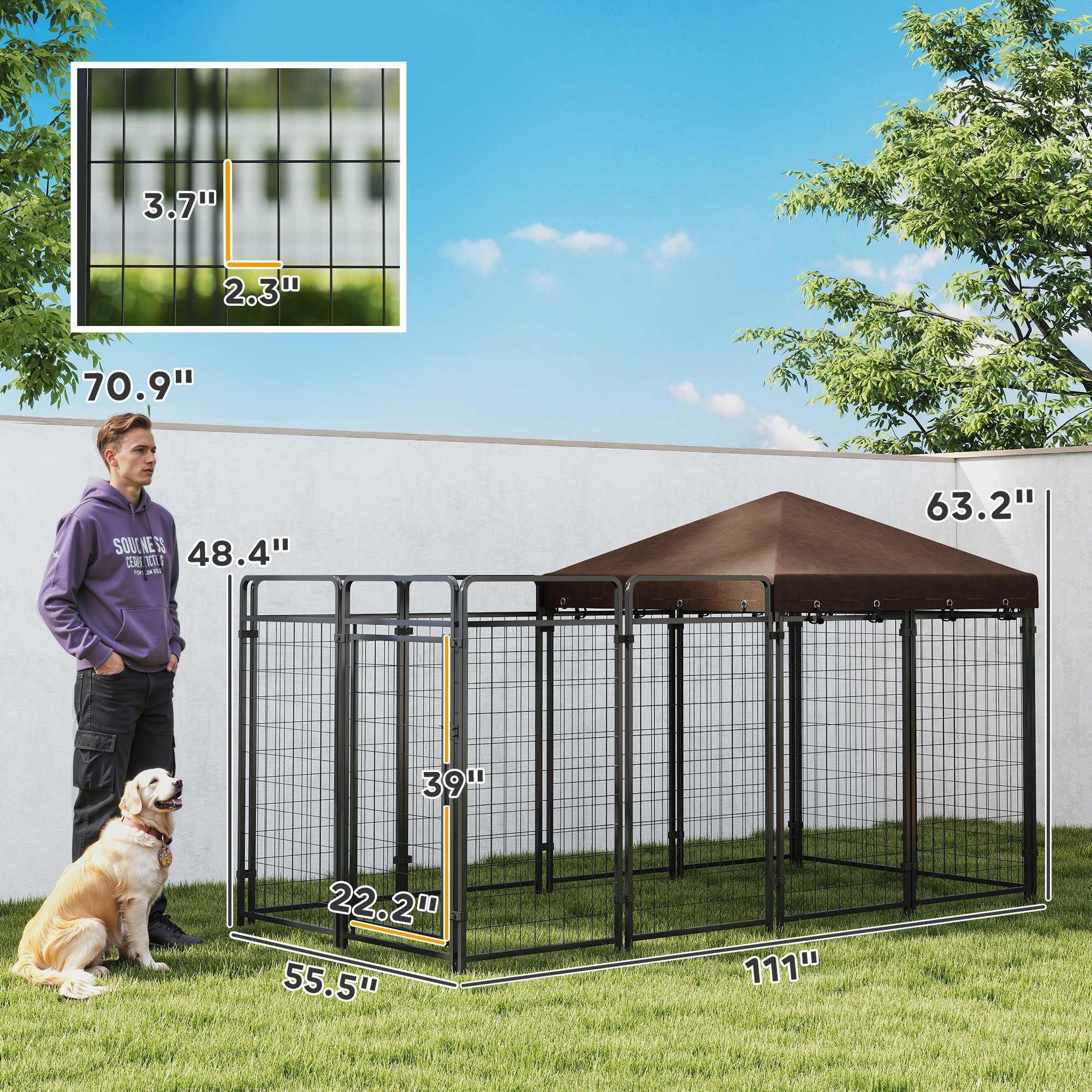 Casa para Perros al Aire Libre con Techo Impermeable, Corral de Perro con Cadena Galvanizada, Cerradura Segura, Para Patio y Jardín, Razas Grandes y Medianas, Pollos, Patos, 9.3' x 4.6' x 5.2' — imagen 2