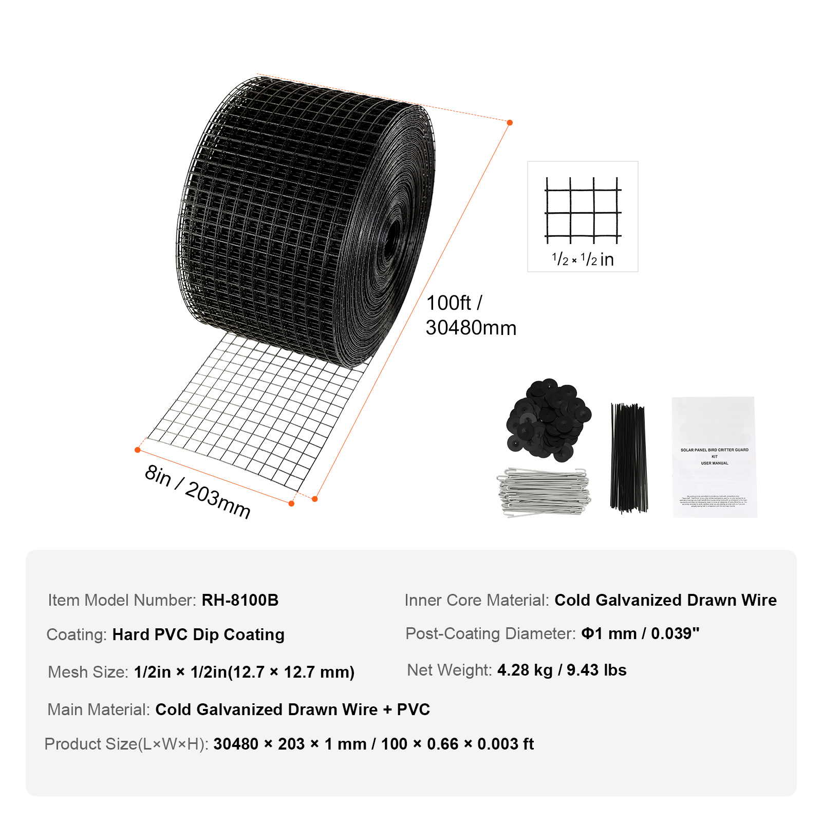 Kit de Guardián de Pánel Solares VEVOR con Fijaciones de Acero Inoxidable, Protección para Aves y Crías con Recubrimiento PVC Resistentes a la Corrosión — imagen 4