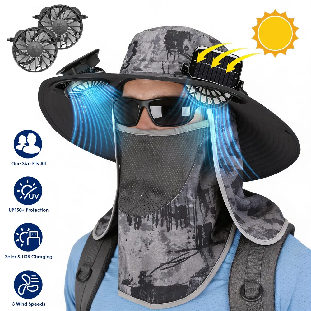 2 In 1 Solar Fan Hat UPF50 & Sun Hat With Fans Wide Brim Fishing Hat With Face Cover Neck Flap Solar USB Charging For Hiking Gardening Outdoor Work — imagen 9