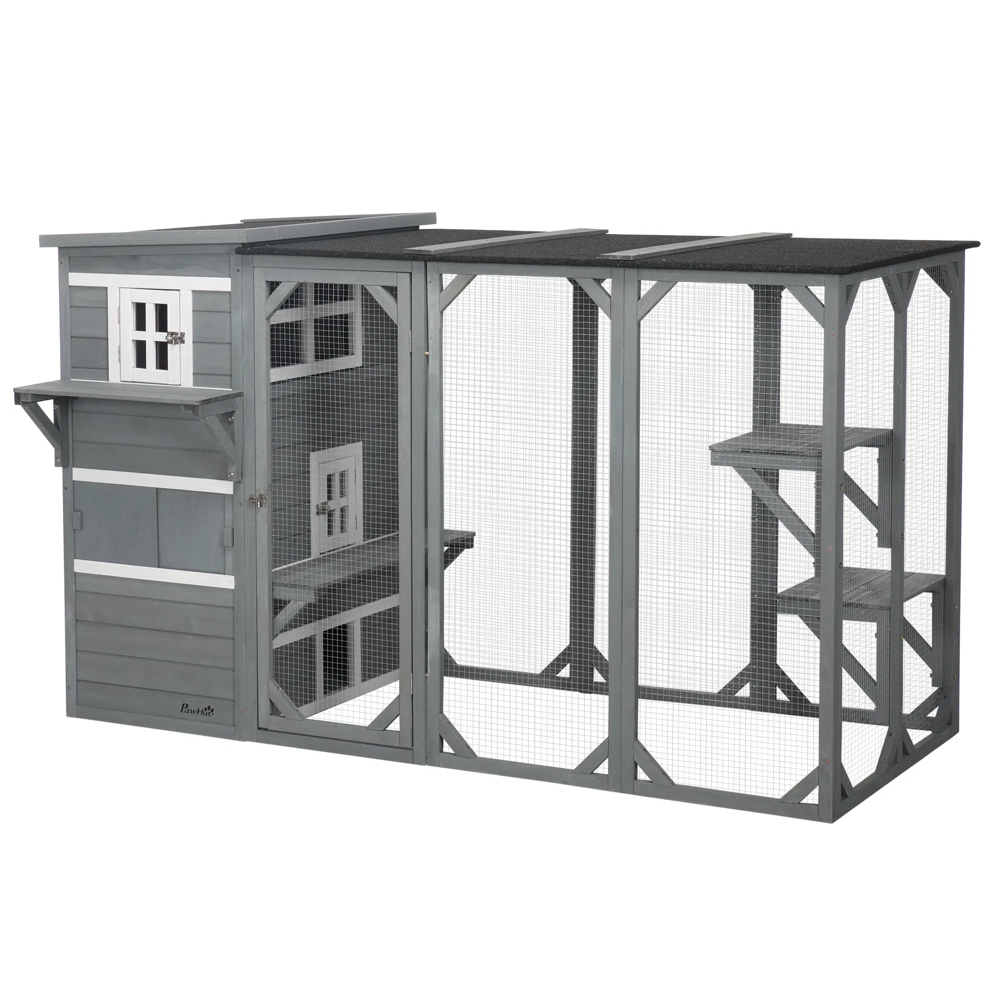 Wooden Cat Catio, 76"L Walk in Outdoor Cat House with Asphalt Roof, Platforms, Lockable Doors, 3-tier Resting Condo, Observation Window, for 2-3 Cats, Light Grey — image 1