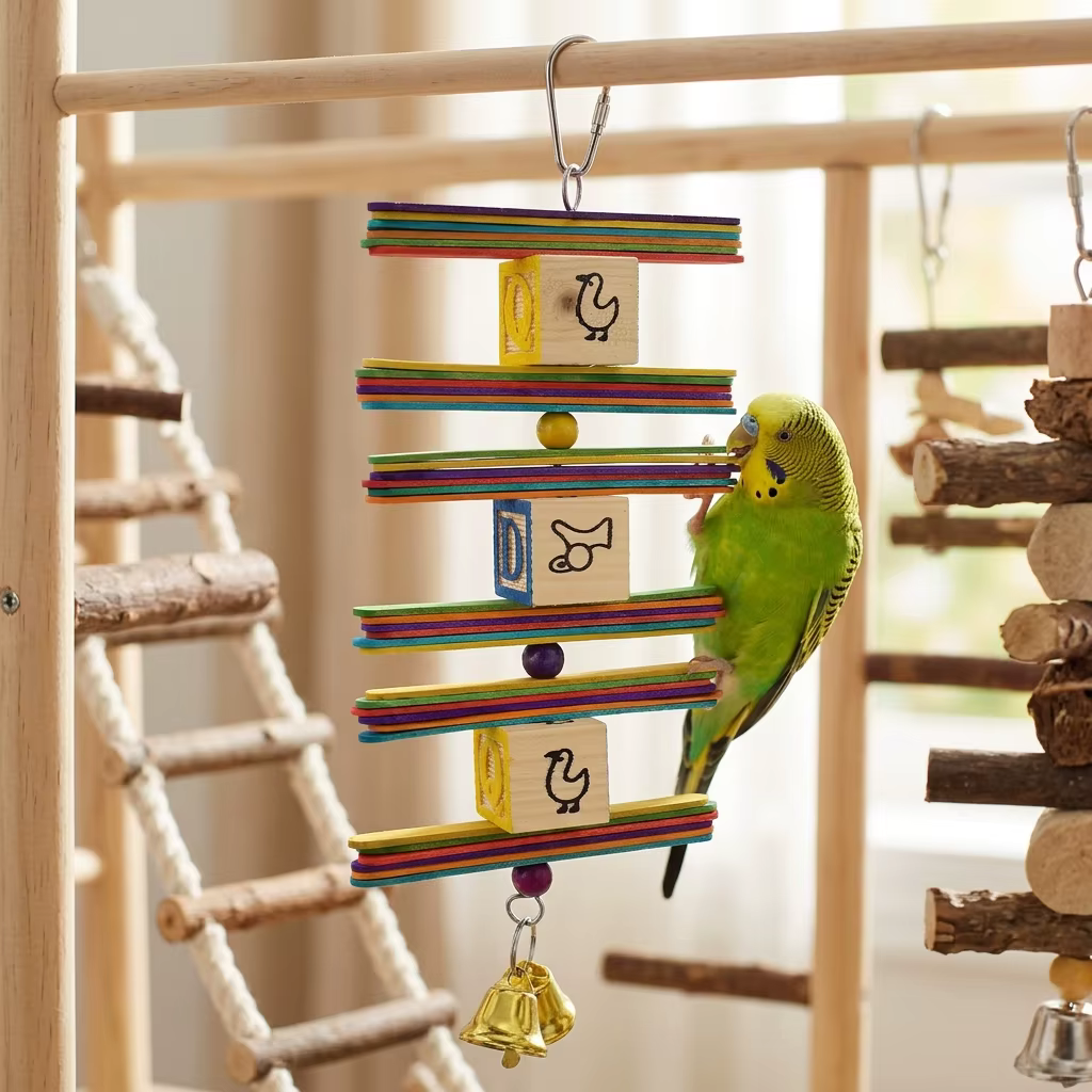 Juguete de Forraje para Pájaros Colorido con Letras y Pétalos, Bloque de Madera Dura con Cordón, Juguete Interactivo de Masticación y Desgaste de Pico para Periquitos y Cacatúas — imagen 3