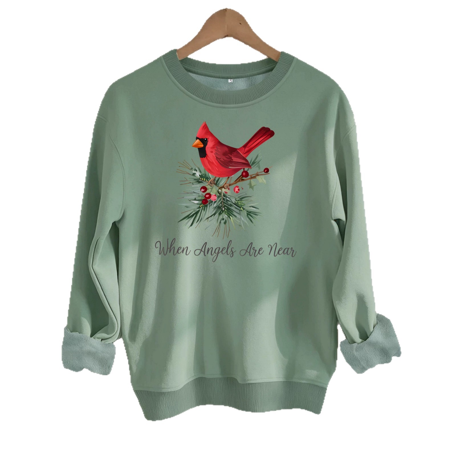 Red bird print round neck fleece hoodie — image 1