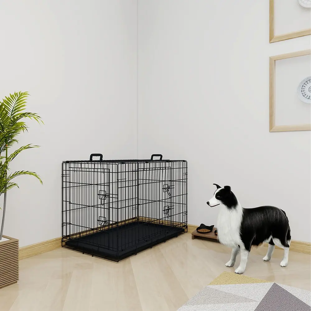 Caja de Perro de Alambre Negro Mecanismo de Bloqueo Doble Dos Puertas Dos Manijas Doble Cerrojo — imagen 2