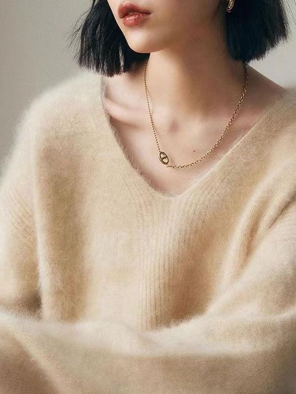 Women's Faux Mink V-Neck Long Sleeve Pullover Sweater Loose Knit Top — image 2