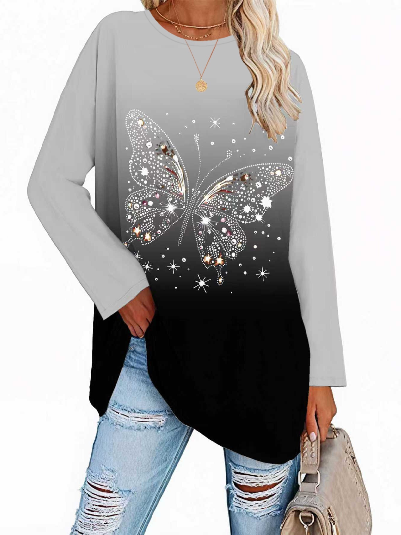 Elegant Butterfly Print Round Neck T-Shirt for WomenWinter Casual Comfortable Style — image 8