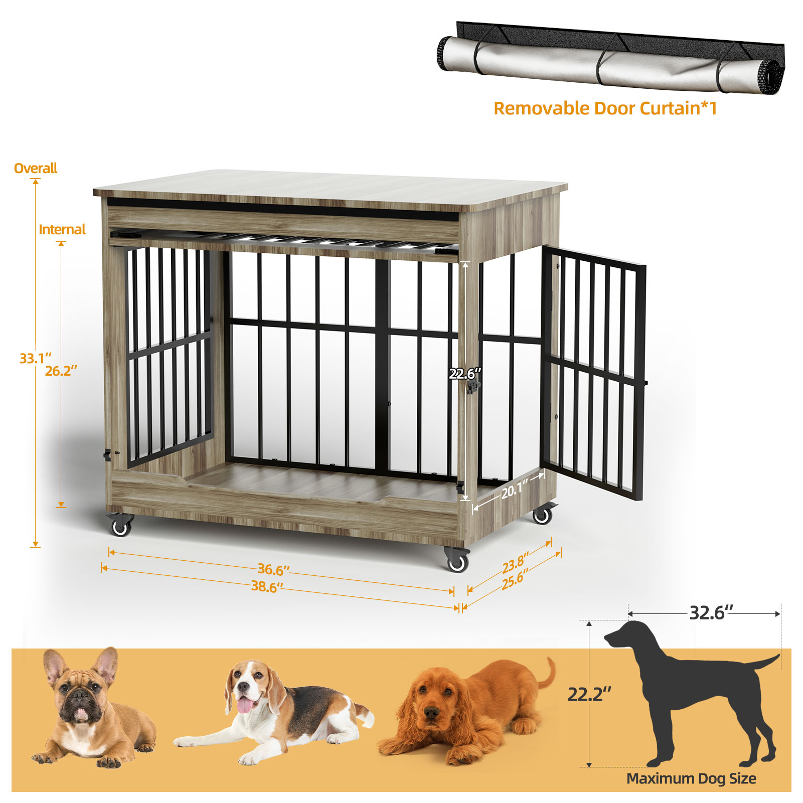 Dog Crate Furniture, Double Door Wooden Indoor Dog Kennel Furniture, Decorative Pet Cage End Table With Wheels For Large And Medium Breed Dogs, Size L, Greige — image 21