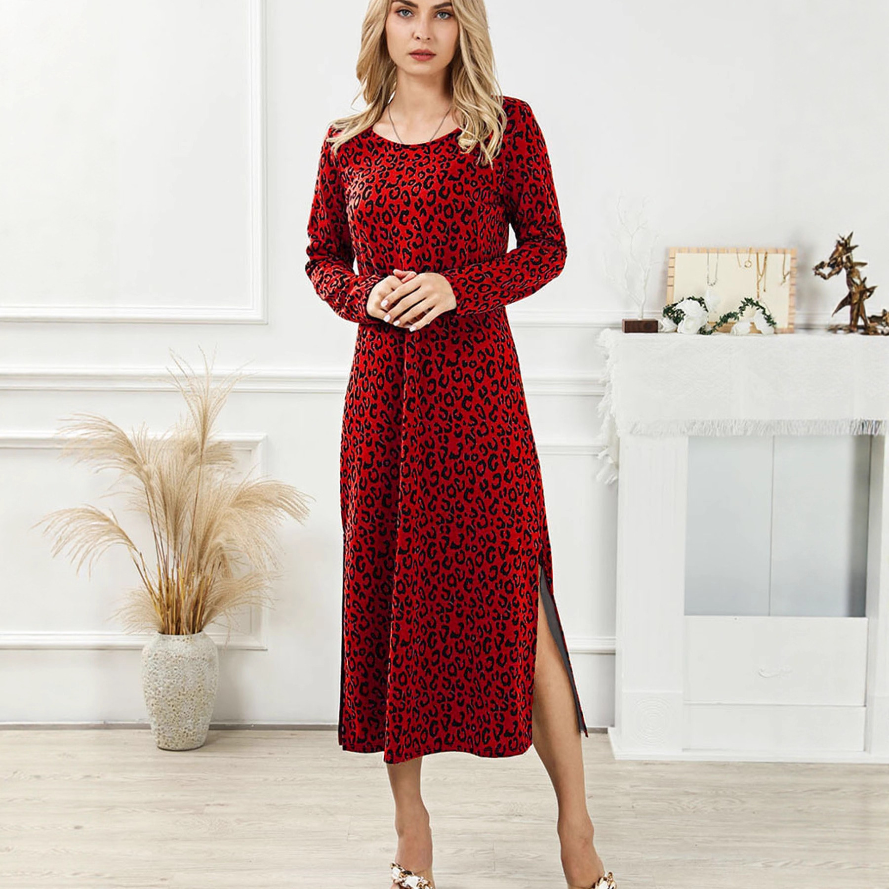Vestido de Mujer Vintage con Estampado de Leopardo en Cuello Redondo y Manga Larga — imagen 1