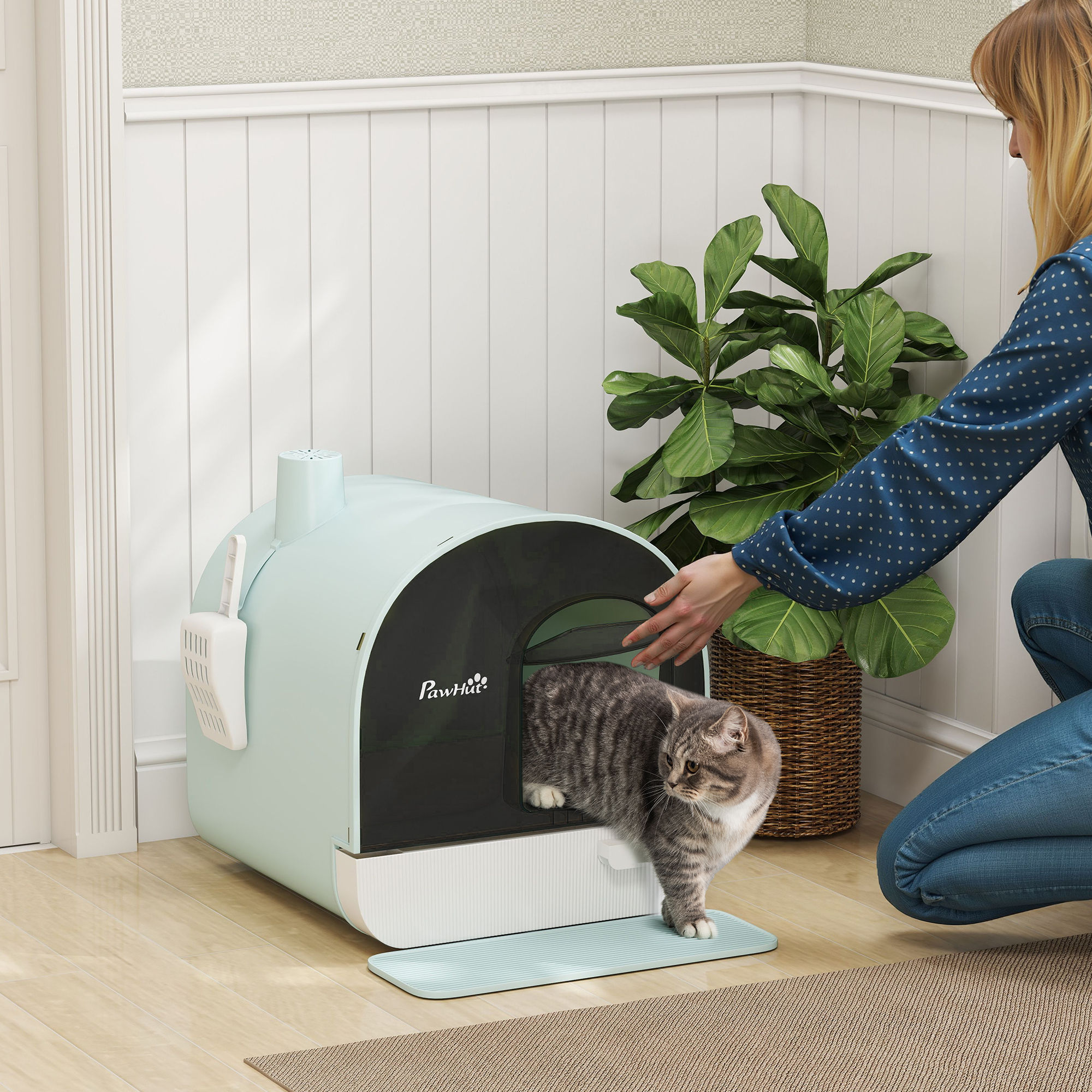 Caja de Arena para Gatos Acristalada con Diseño con Cerradura y Cajón, Protección contra Escapes y Gotas, para Gatos Individuales desde Kitten hasta Adulto, con Cuchara y Manta, Limpieza Fácil, Control de Olor Verde — imagen 1