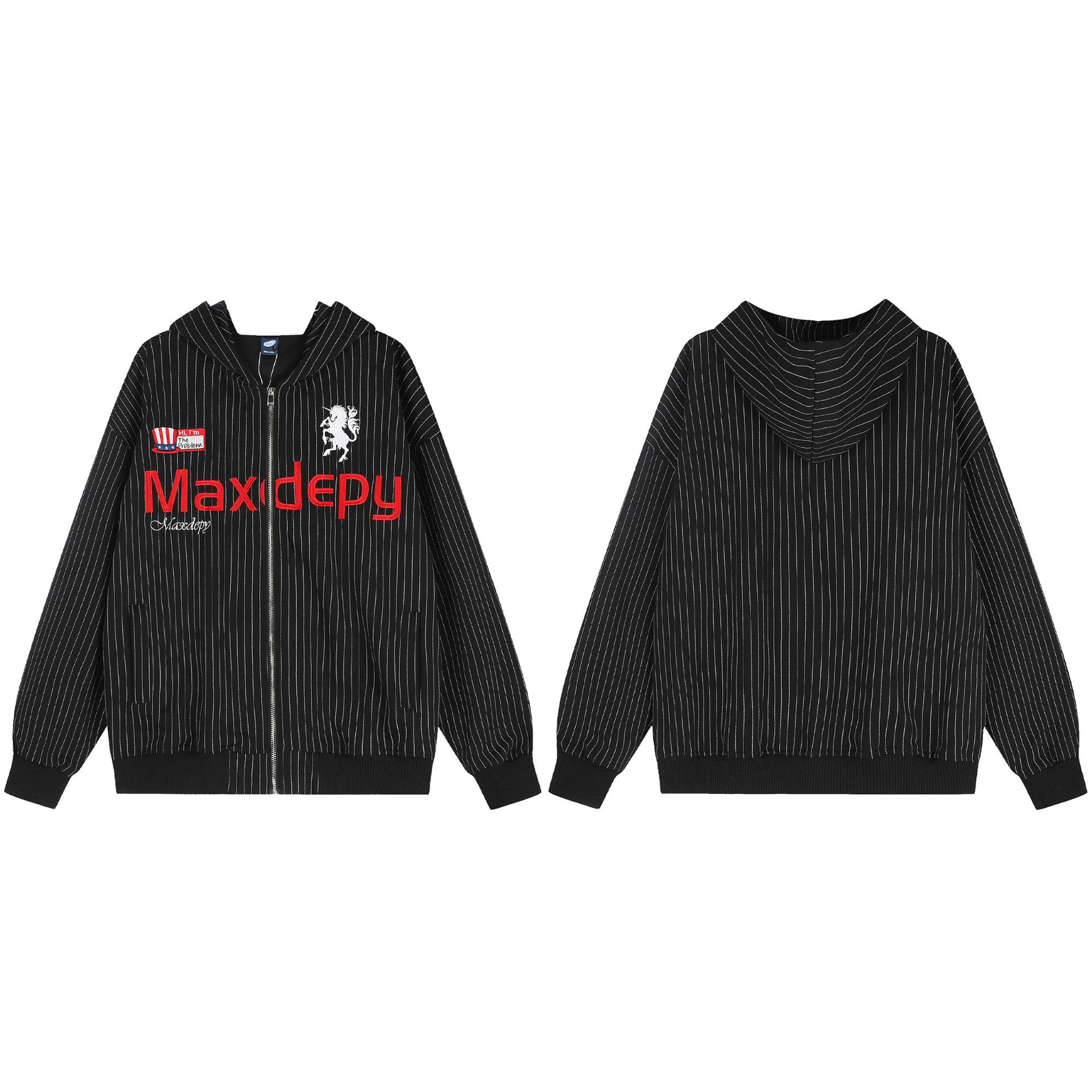 Vertical Stripe Hooded Zipper Sweatshirt Jacket with Letter Unicorn Print Loose Fit Casual Outerwear — image 5