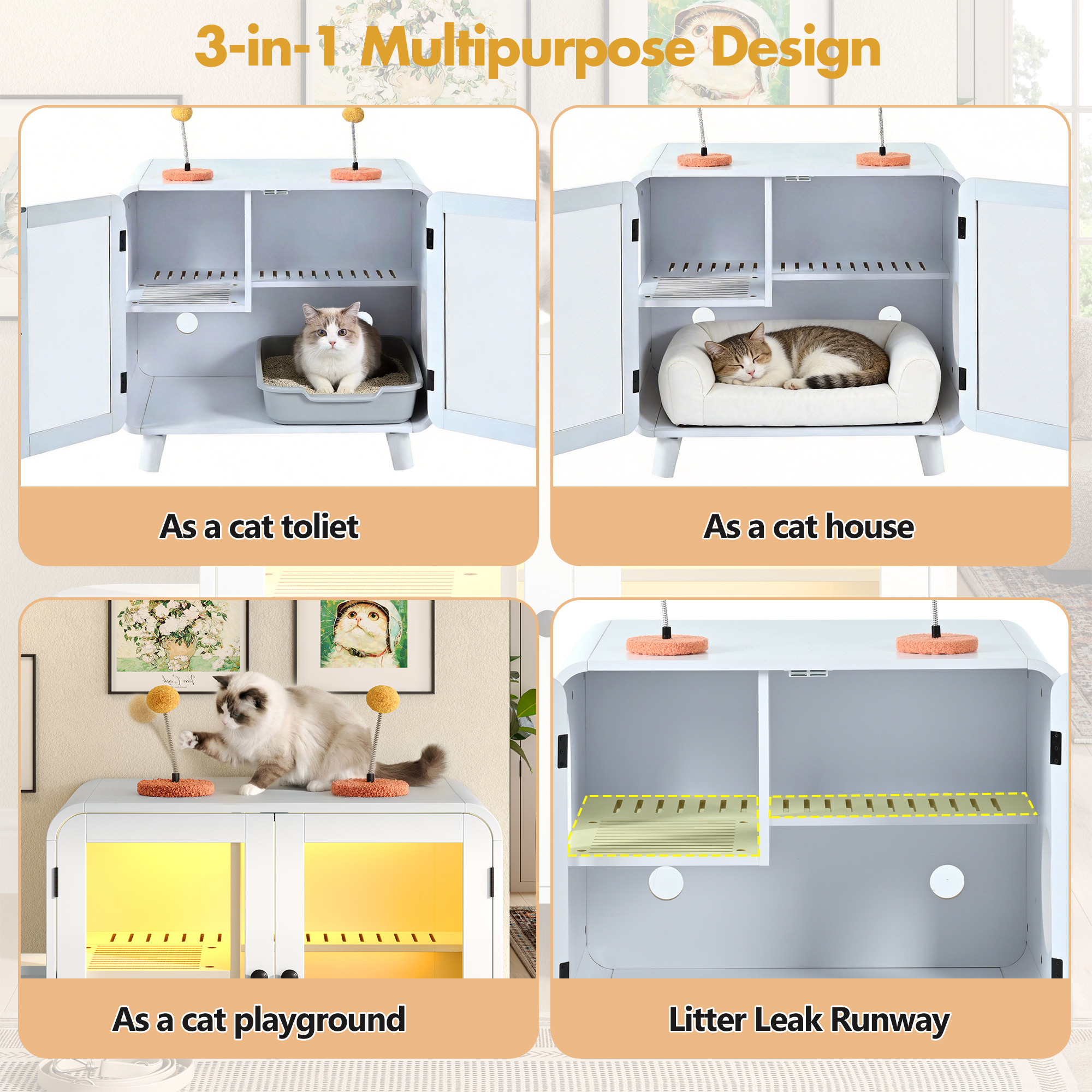 Caja de Limpieza Oculta para Gatos con Luz LED RGB, Casa para Gatos con Escaleras y Juguetes Pom-poms para Diversión, Armario de Baño para Gatos con Paseo Anti-Escamas y Puertas de Vidrio para Mejor Vista, Blanco — imagen 2