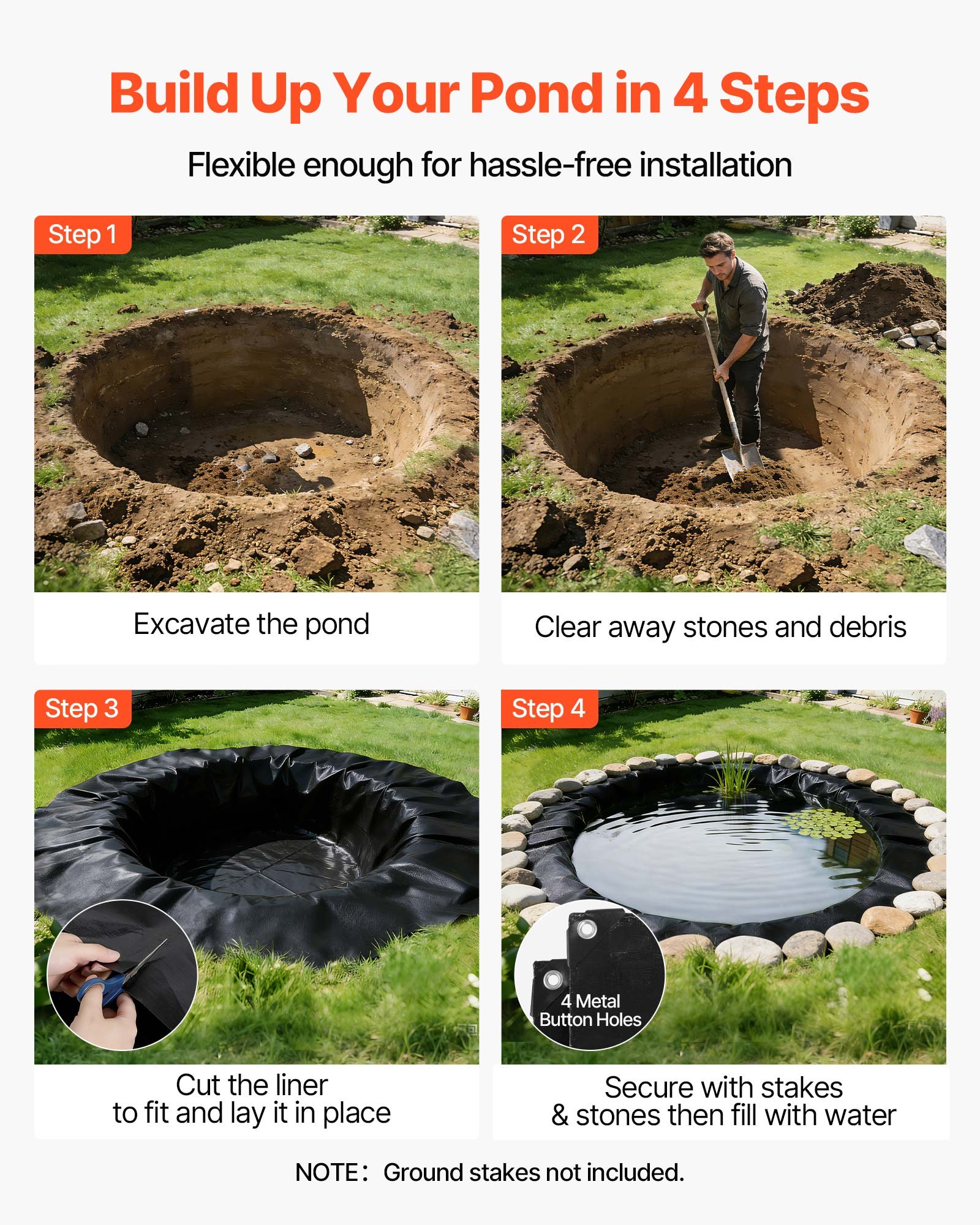 Pond Liner, 14 Mil Thickness, 3-Layer Reinforced PE Fish Koi Pond Liner For Outdoor Ponds, With Hemmed Edge And 4 Metal Buttonholes, For Water Garden, Waterfall, And Fountains, Black — imagen 4