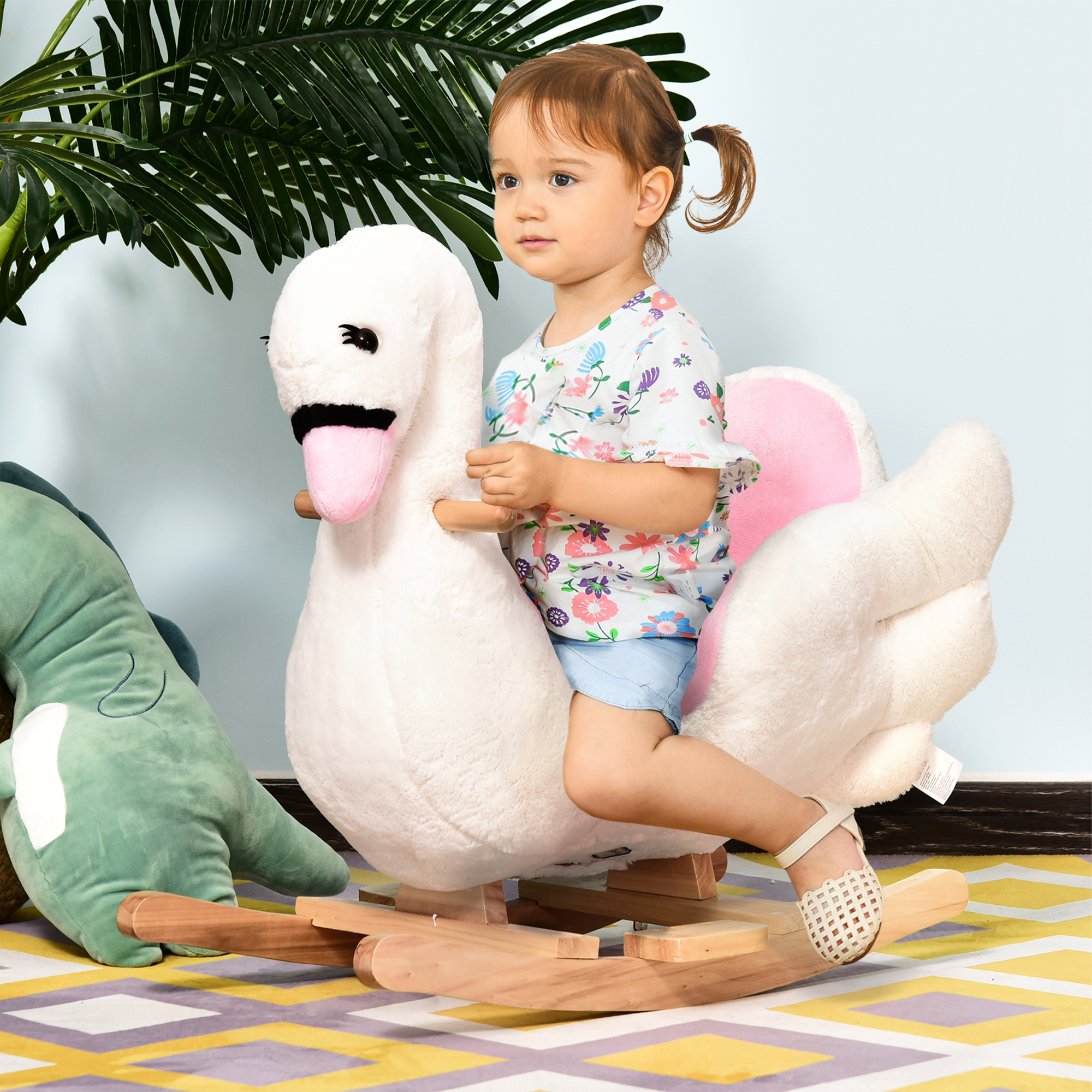 Kids Ride On Rocking Horse Plush Swan Style Toy With Music For Over 18 Months Children, White And Pink — imagen 1