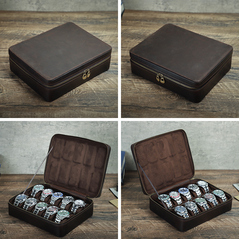 Rectangular Handmade Crazy Horse Leather Watch Box, 10-Slot Watch Display Organizer Travel Storage Case — image 2