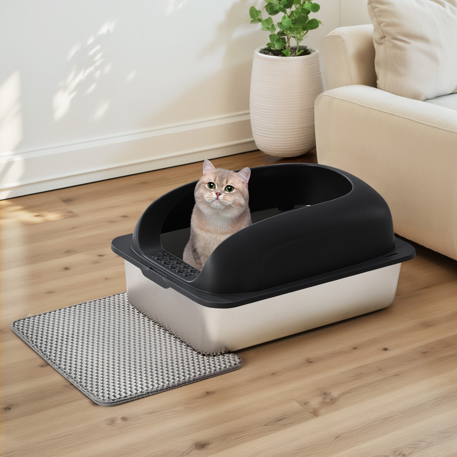 Caja de Arena para Gatos en Acero Inoxidable con Tapadera, Gran Caja de Arena para Gatos Grandes, Escoba y Manta Incluidas — imagen 36